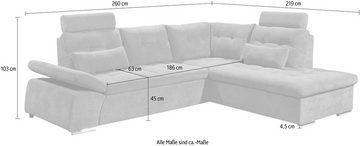 ED EXCITING DESIGN Ecksofa Nalo L-Form, mit Bettfunktion, Bettkasten, Kopfstützen, Nierenkissen etc.