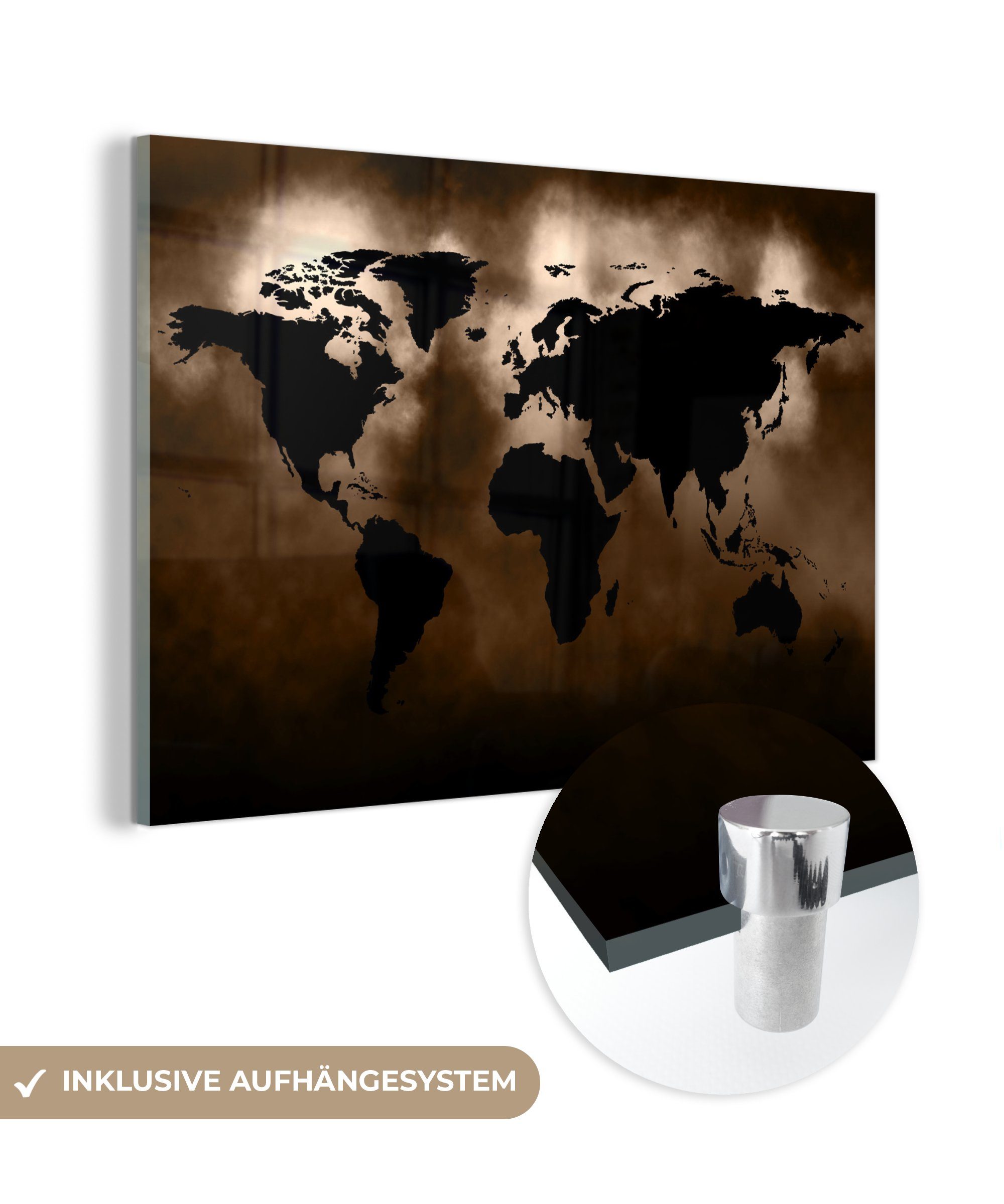 MuchoWow Acrylglasbild Weltkarte - Schwarz - Braun, (1 St), Glasbilder - Bilder auf Glas Wandbild - Foto auf Glas - Wanddekoration