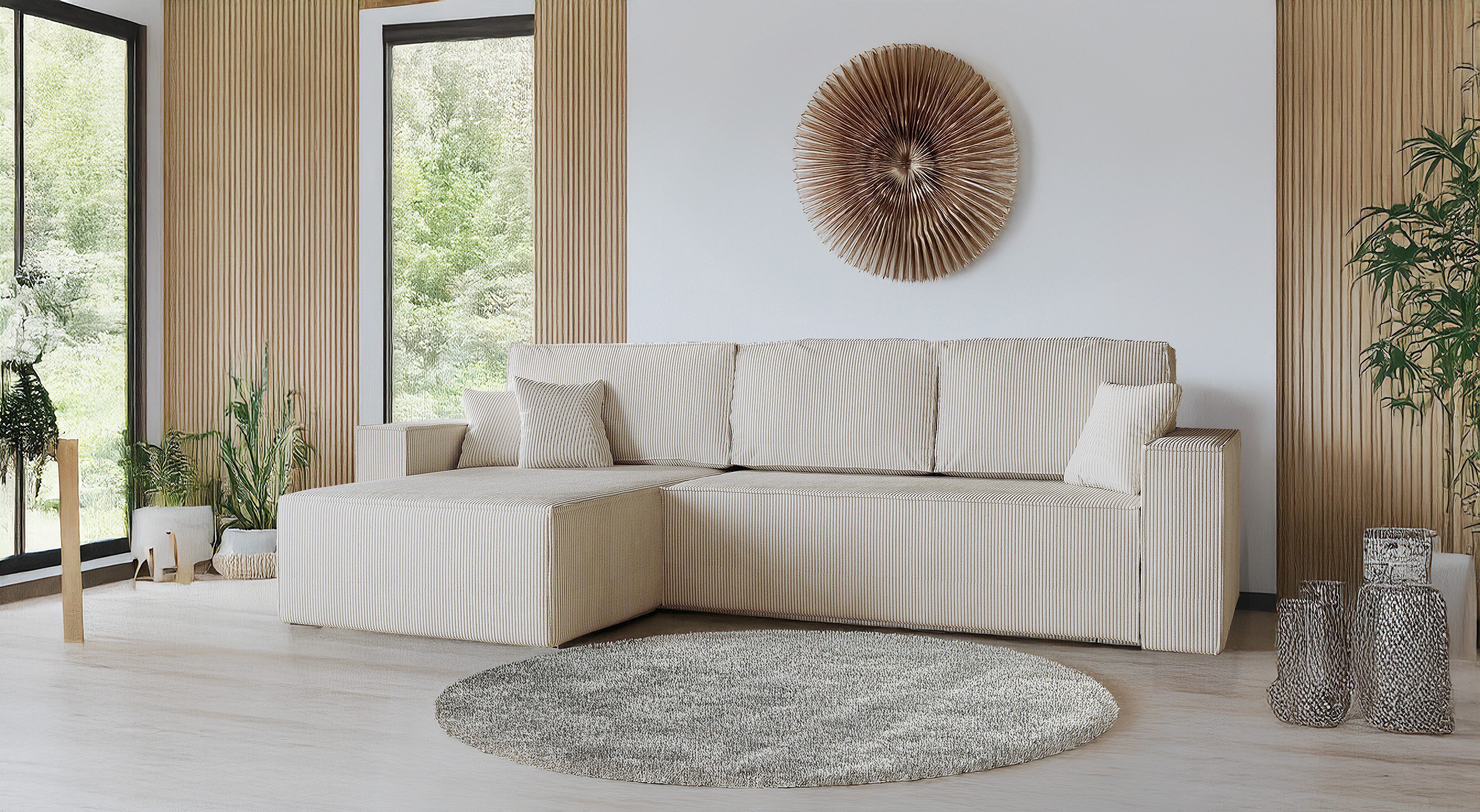 Goldstoff Ecksofa mit Schlaffunktion & Bettkasten - Cordstoff Sofa, Cordstoff Eckcouch, Amalia L-Form Eckcouch, Cordstoff Sofa