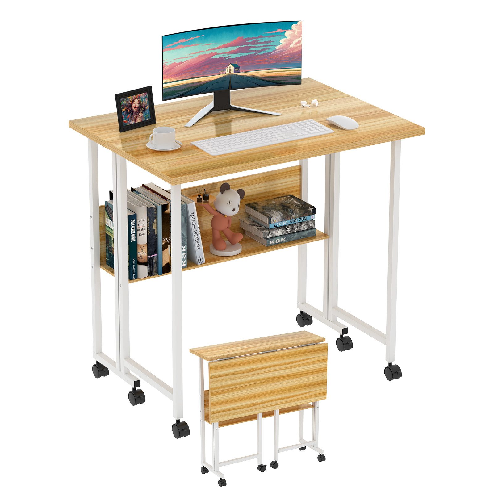 JEOBEST Schreibtisch Kleiner klappbarer Computertisch mit Regal und Rollen, (1-St. Tisch mit erhöhter Monitorablage) Faltbarer Bürotisch
