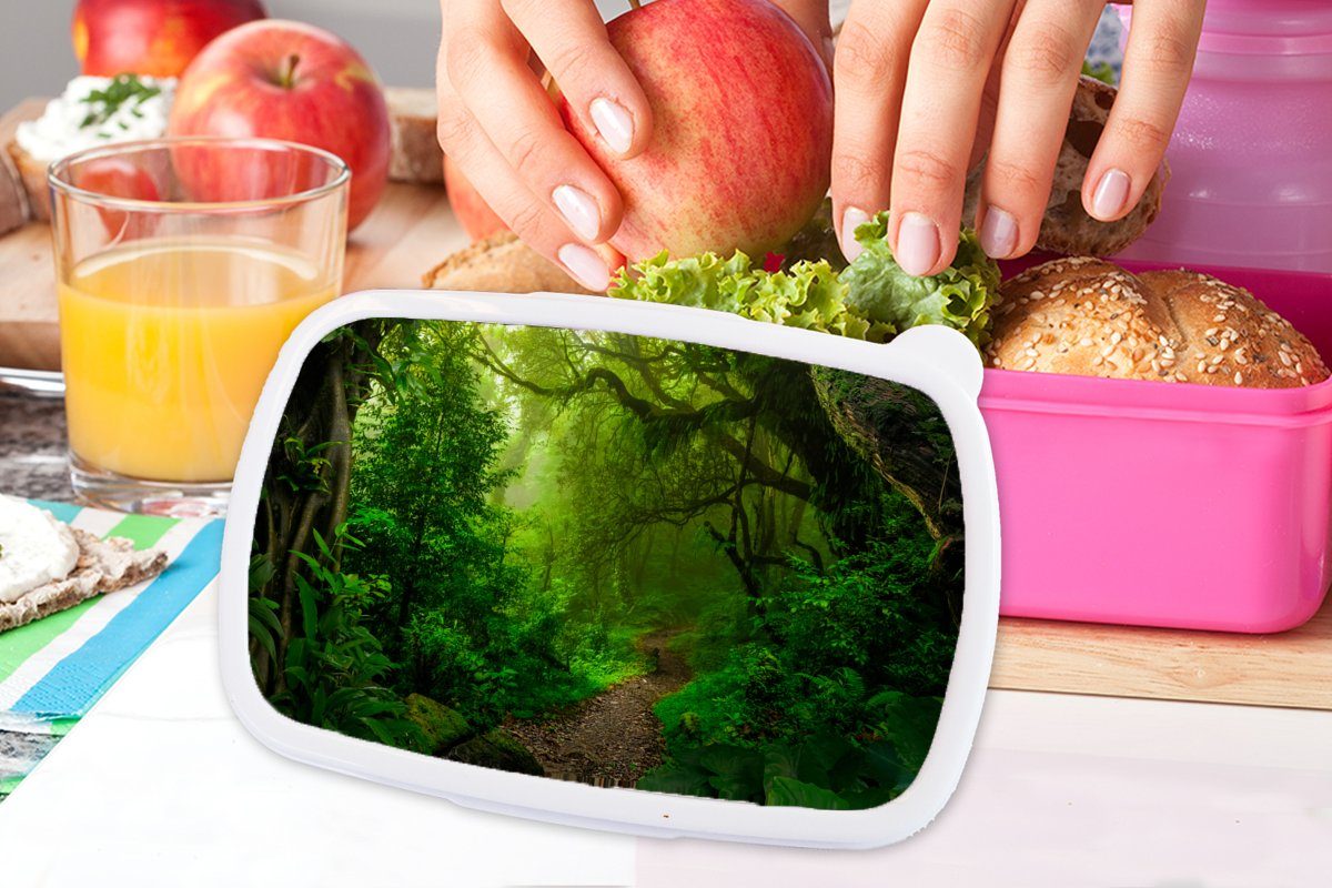 Dschungel Sonne Brotbox - Brotdose Kunststoff (2-tlg), - - Kunststoff, - für Snackbox, Kinder, Lunchbox Landschaft Grün, rosa Mädchen, Erwachsene, MuchoWow Tropisch
