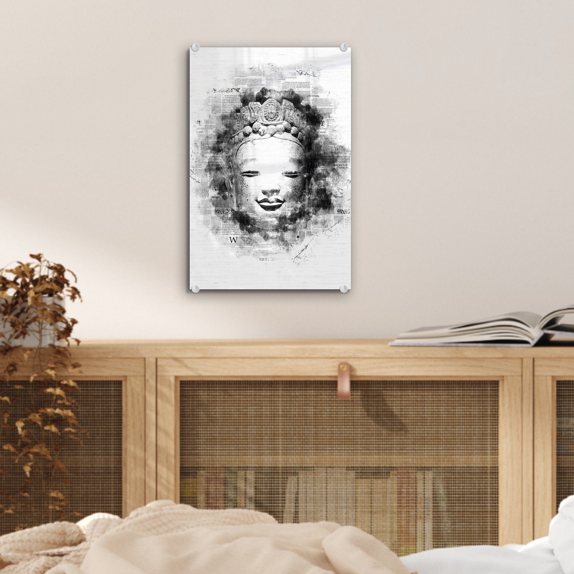 - - Illustration Papier mit Wandbild Glas Acrylglasbild auf auf bunt und, St), für Text schwarz Glas (1 Kopfes - des eines - Wanddekoration MuchoWow Glasbilder Buddha Bilder Foto