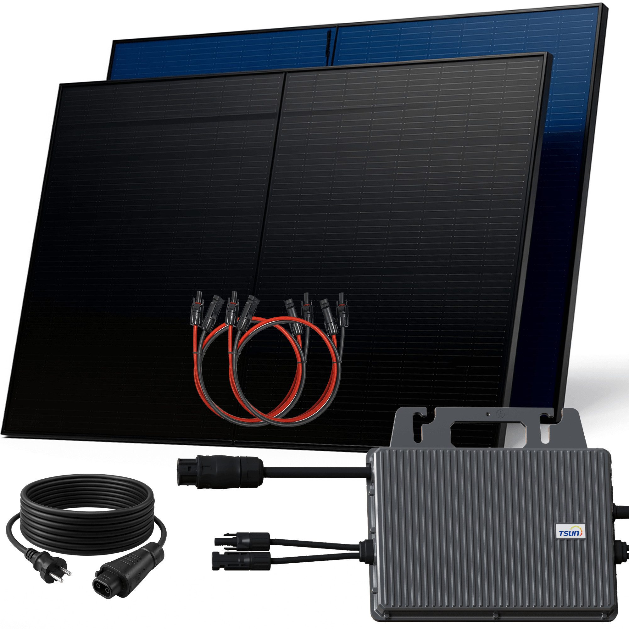 SUNNIVA Balkonkraftwerk 1000W BIFAZIAL FULLBLACK komplett Steckdose, (TSUN 800W Wechselrichter, PV Solaranlage, 2x 500W Glas-Glas Solarmodule, inkl. 5m Kabel, Bluetooth WIFI, Komplettset)