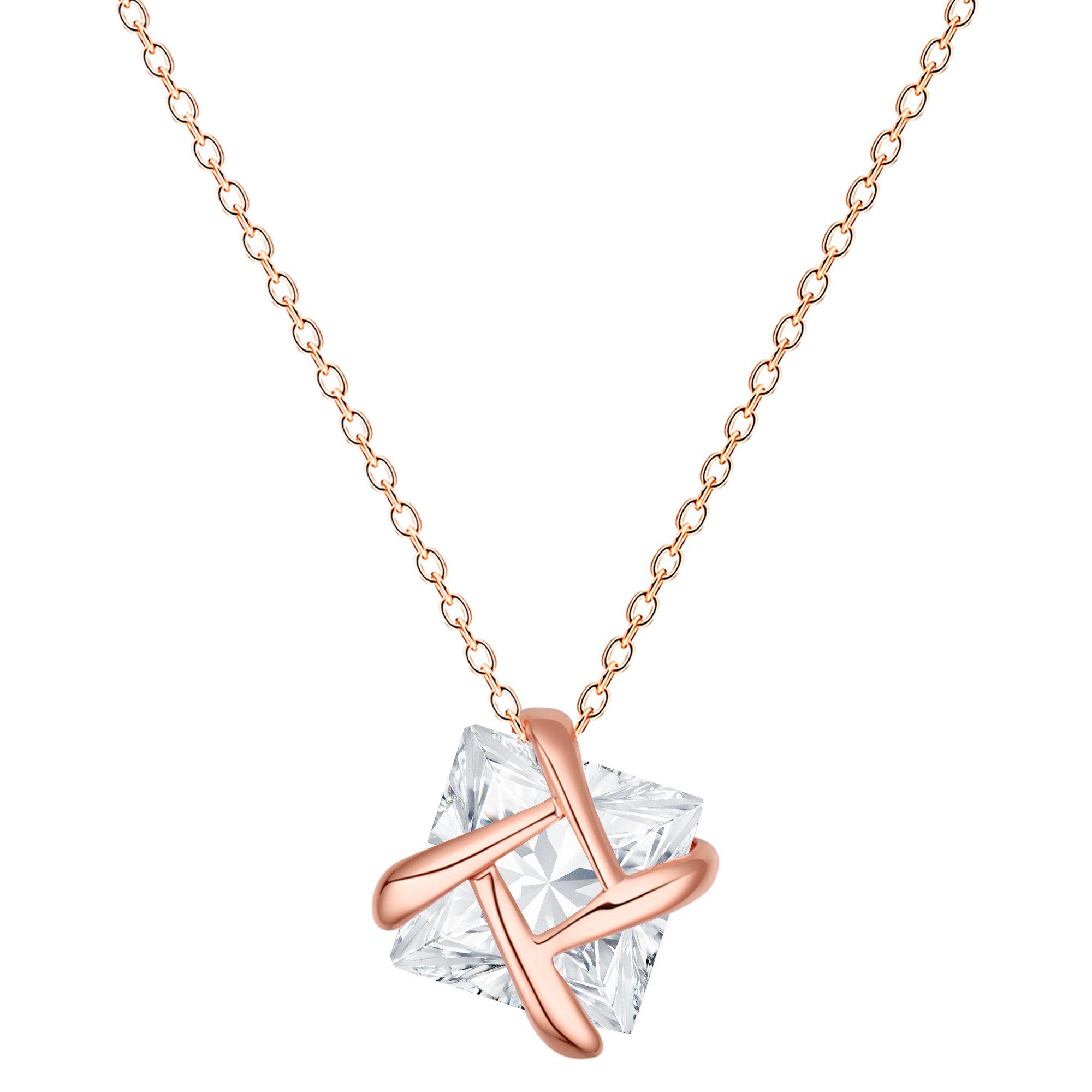 LÖB Kette mit Anhänger 750 Roségold vergoldet Halskette Eckig Anhänger Zirkonia Stein Weiß (Geschenke für Frauen Damen Beste Freundin Mutter Mama Ehefrau Oma sie zum Geburtstag Weihnachten Weihnachtsgeschenke Schmuck), Kette Quadrat Steinanhänger Viereck Glitzer Modern Minimalistisch Rosé