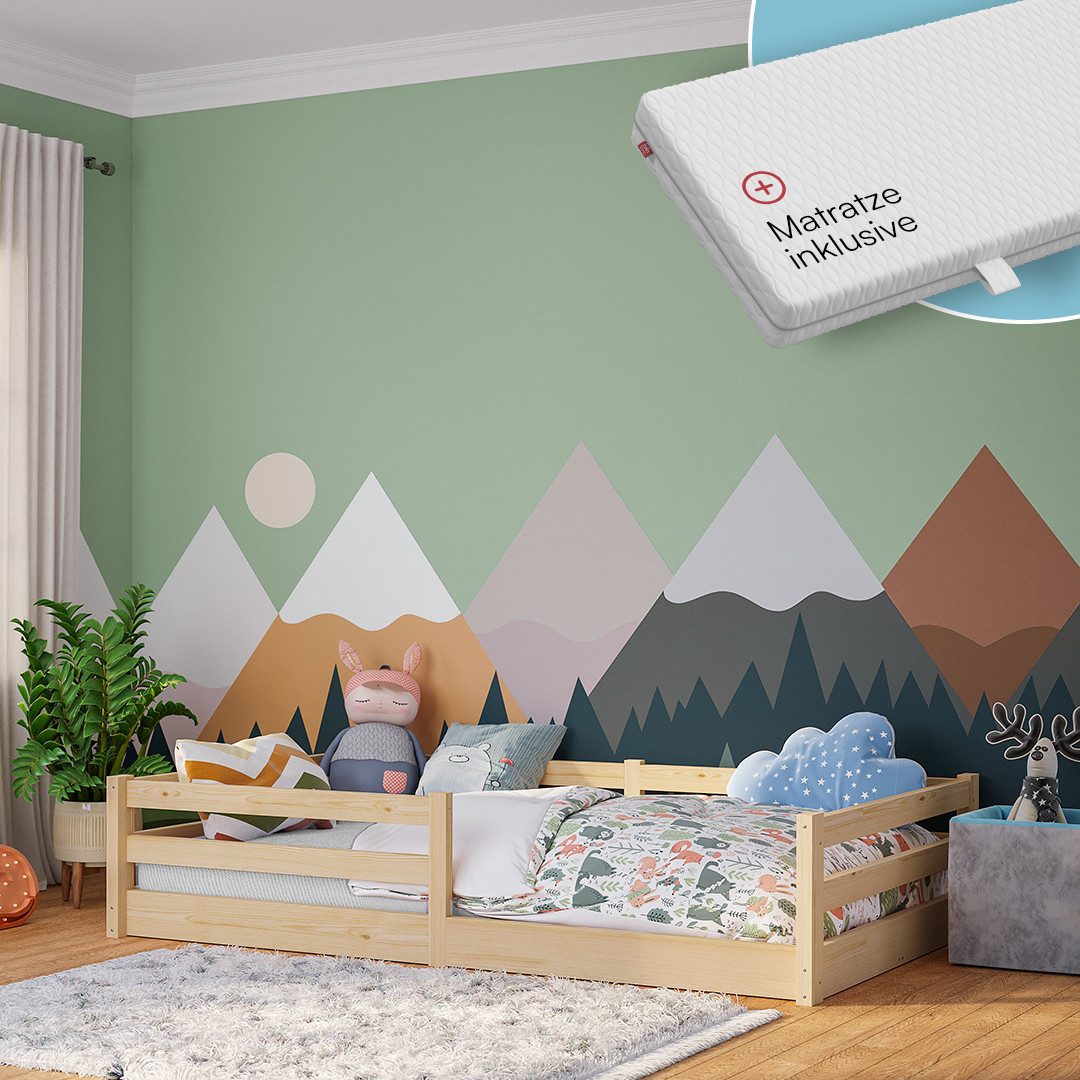 Bellabino Kinderbett Iskri mit Rausfallschutz und Lattenrost (natur, mit Ma günstig online kaufen