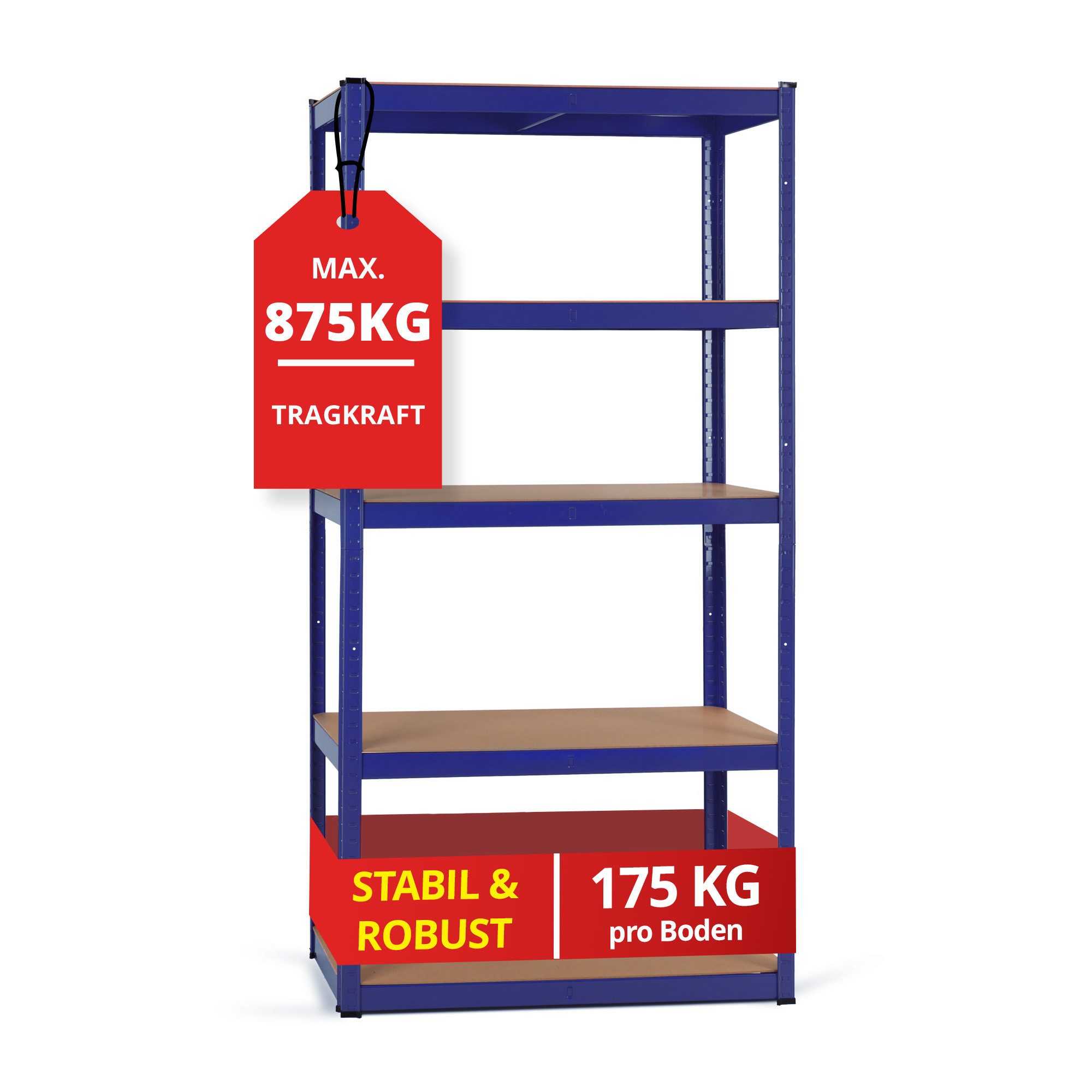 Stagecaptain Schwerlastregal Lagerregal - 5 variabel montierbare Böden - auch als Werkbank umbaubar, Tragkraft pro Boden: 175 kg, gesamt 875 kg