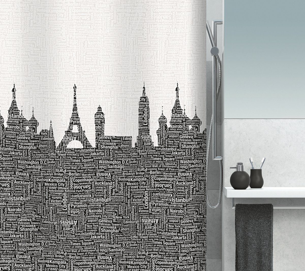 spirella Duschvorhang URBAN Breite 120 cm, Premium Textil-Duschvorhang, 100% Polyester, wasserabweisend, Anti-Schimmel-Effekt, waschbar 30°, Made in Europe, angesagter Urban Style, Big City Motiv, Farbe schwarz-weiß, Größe 120 x 200 cm