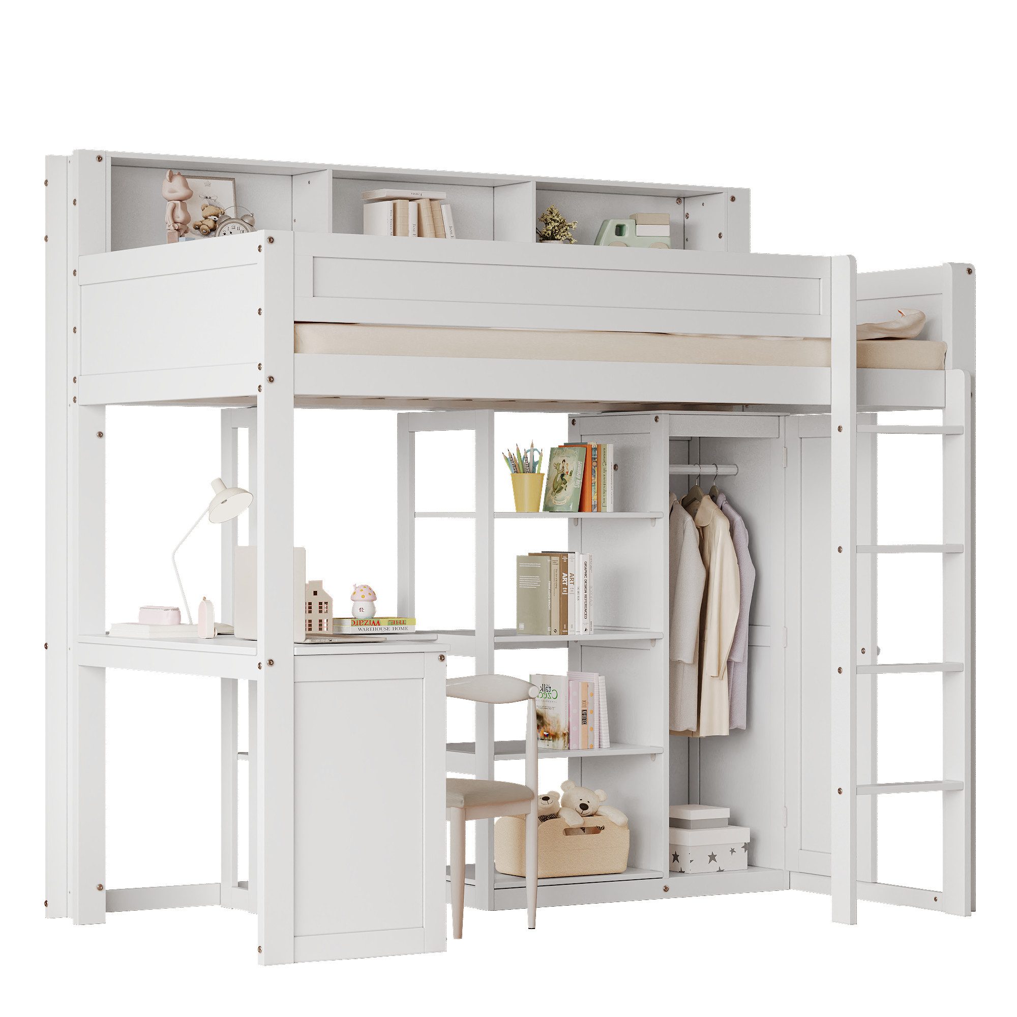 SOFTWEARY Hochbett mit Schreibtisch und Kleiderschrank (90x200 cm) Kinderbett mit Rausfallschutz