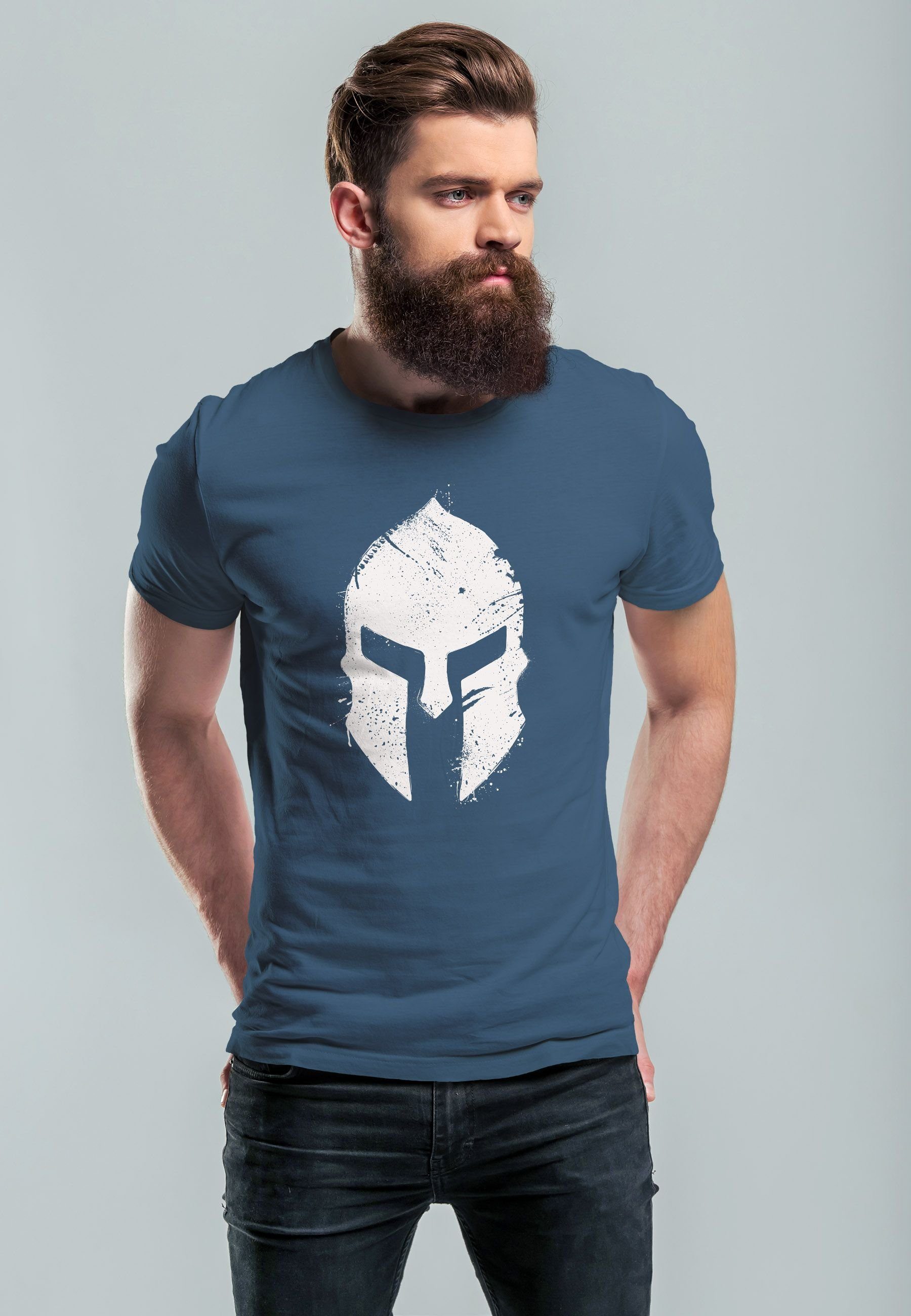 Neverless Print-Shirt Herren Krieger Warrior Print Sparta-Helm Aufdruck denim blue Gladiator T-Shirt Sp Print mit