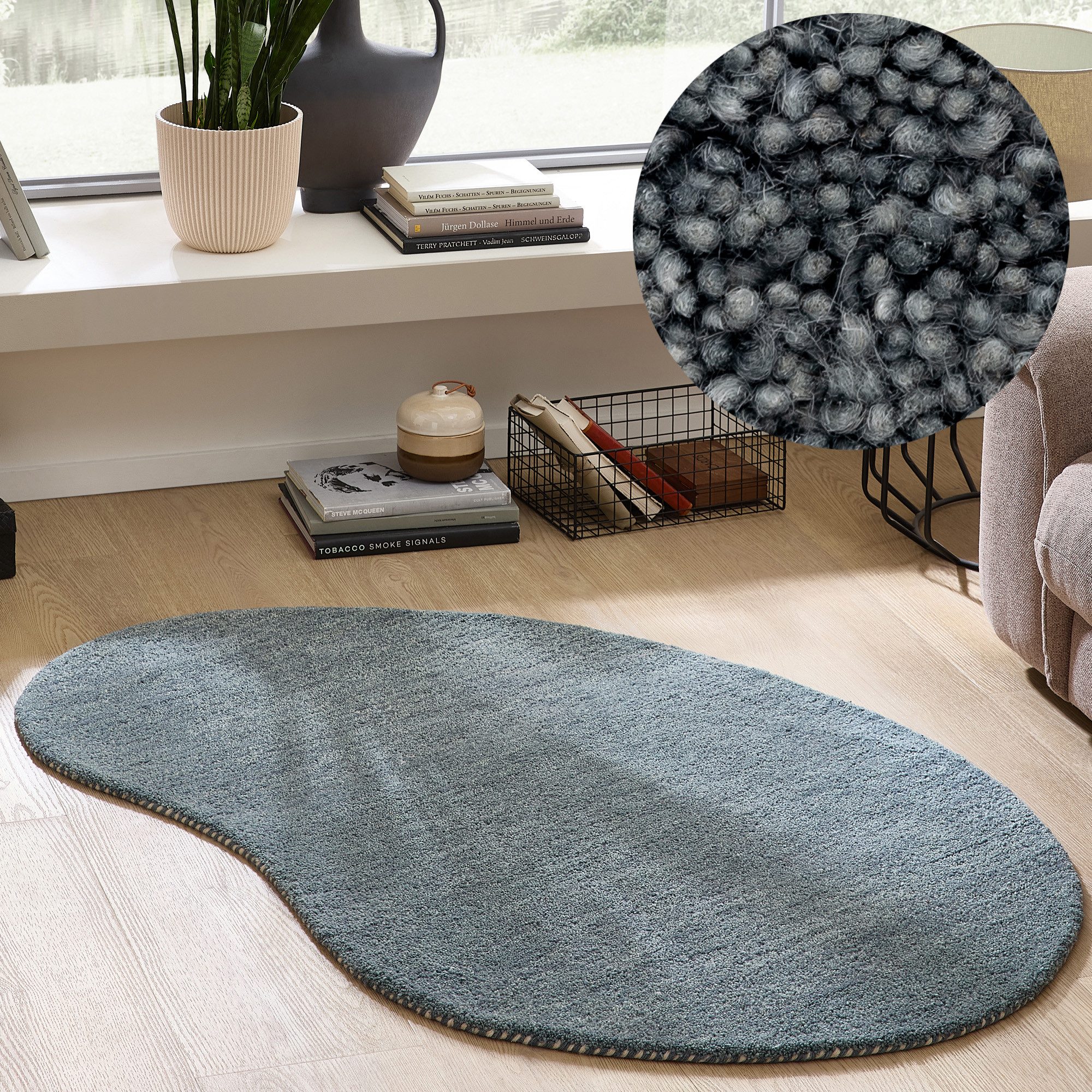 THEKO Wollteppich Gabbeh Uni, Handgefertigt, Teppich, meliert, reine Wolle, oval, Höhe: 14 mm, Schlafzimmer, Wohnzimmer, Esszimmer, auch als Läufer, eckig oder rund