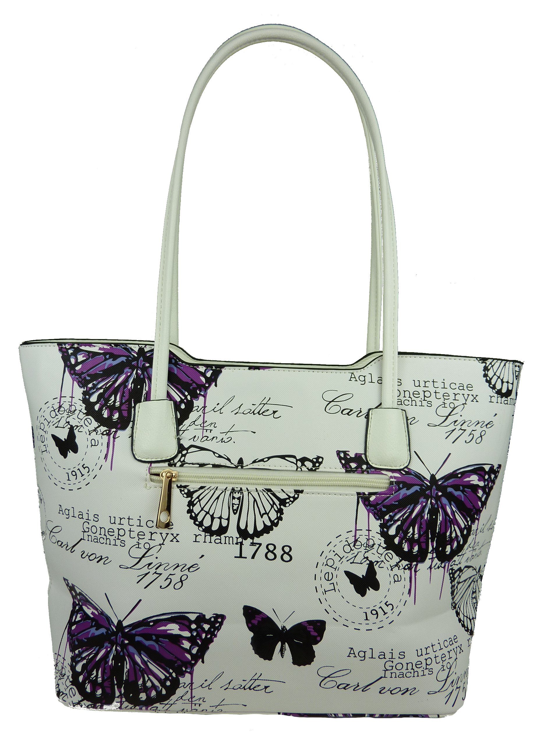 1803, Butterfly Stil, im mehrfarbig Schmetterling Shopper Sommertasche retro Damen Taschen4life Henkeltasche große Henkel Motive, lange lila Vintage