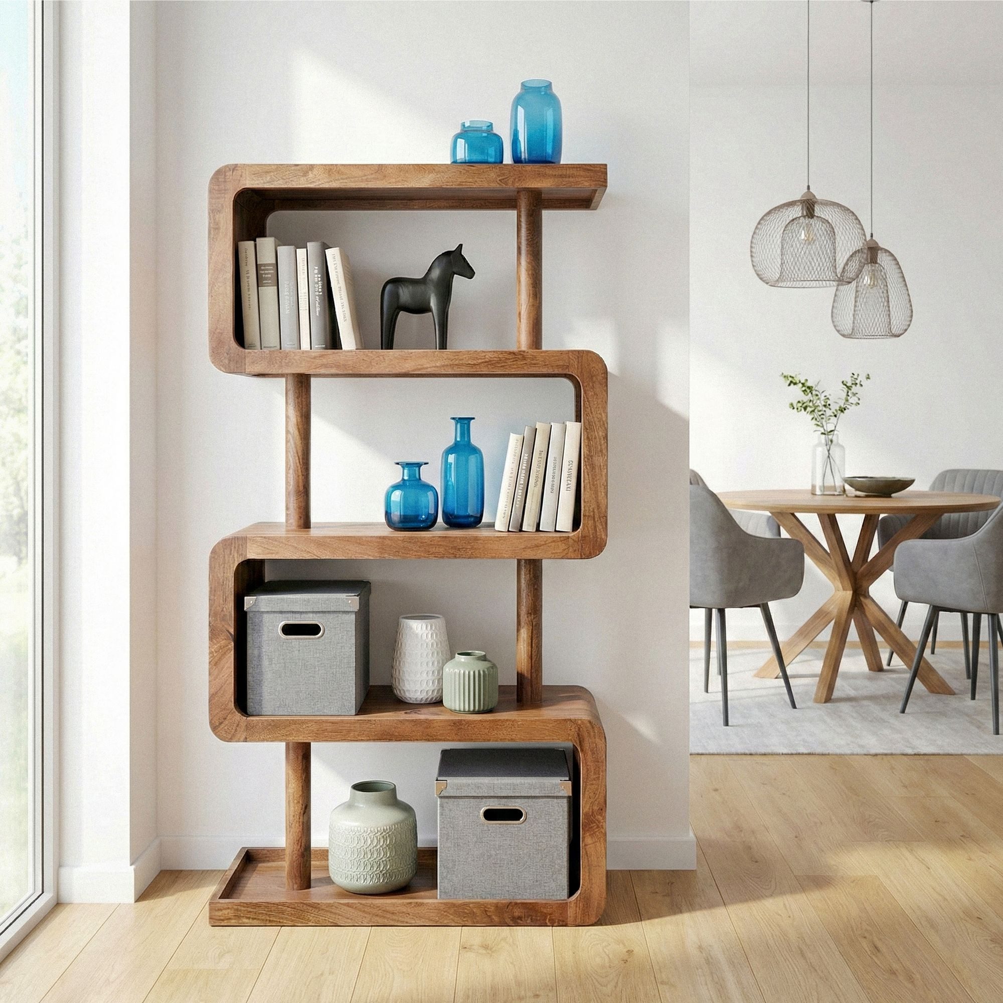 Wohnling Bücherregal WL7.614 Standregal 160cm Massivholz Stauraumregal Wohnregal Dekoregal, Natürliche Maserung mit warmer Ausstrahlung, Geschwungene Linien mit modernem Charakter