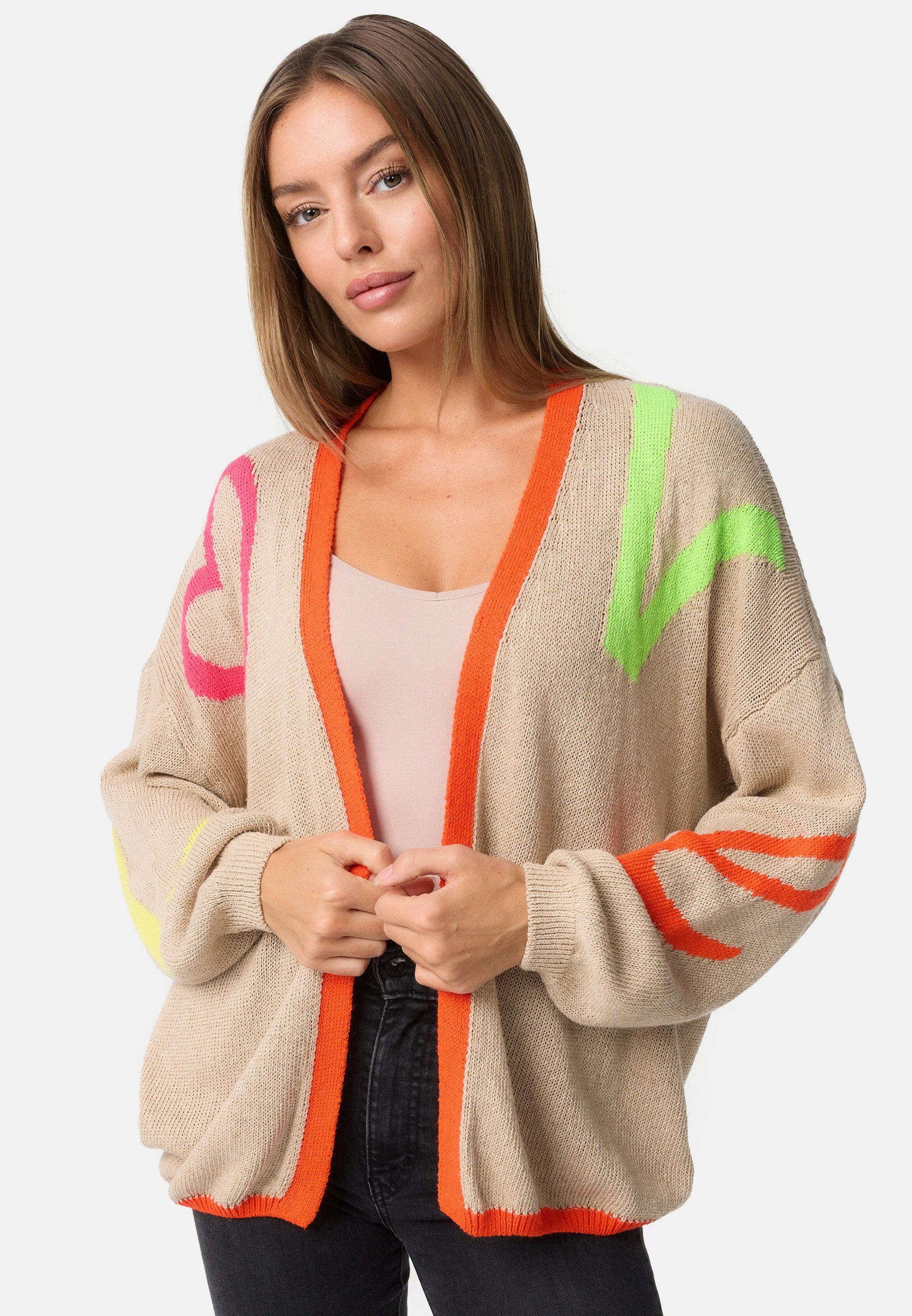 Love Beige 80ies Style) PM78 SELECTED Cardigan Muster, Cardigan im Neonfarben Baumwollanteil, (Trendige Strickjacke PM