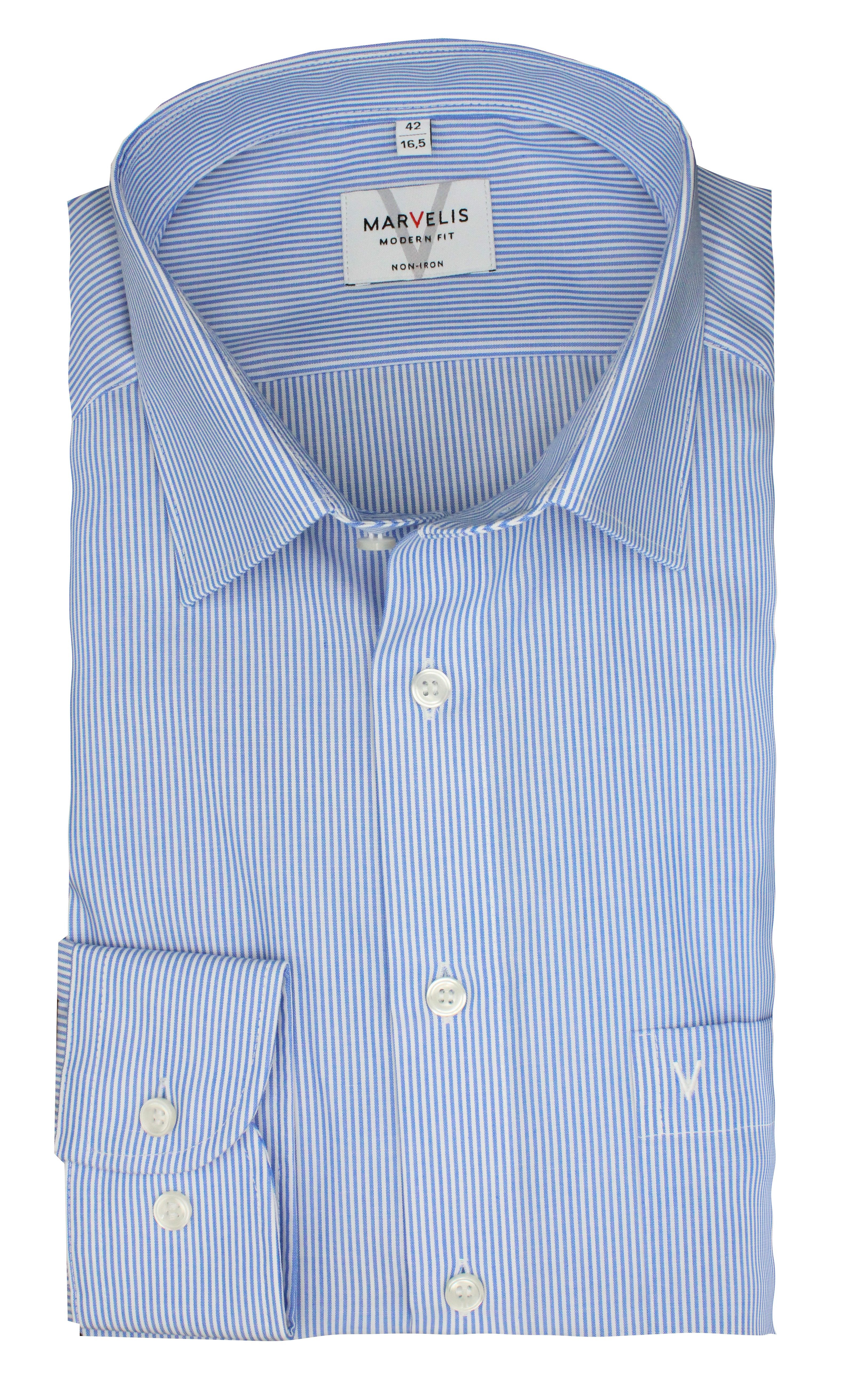 MARVELIS Businesshemd Blau Weiß gestreift, Modern Fit, Bügelfrei, 100% Baum günstig online kaufen