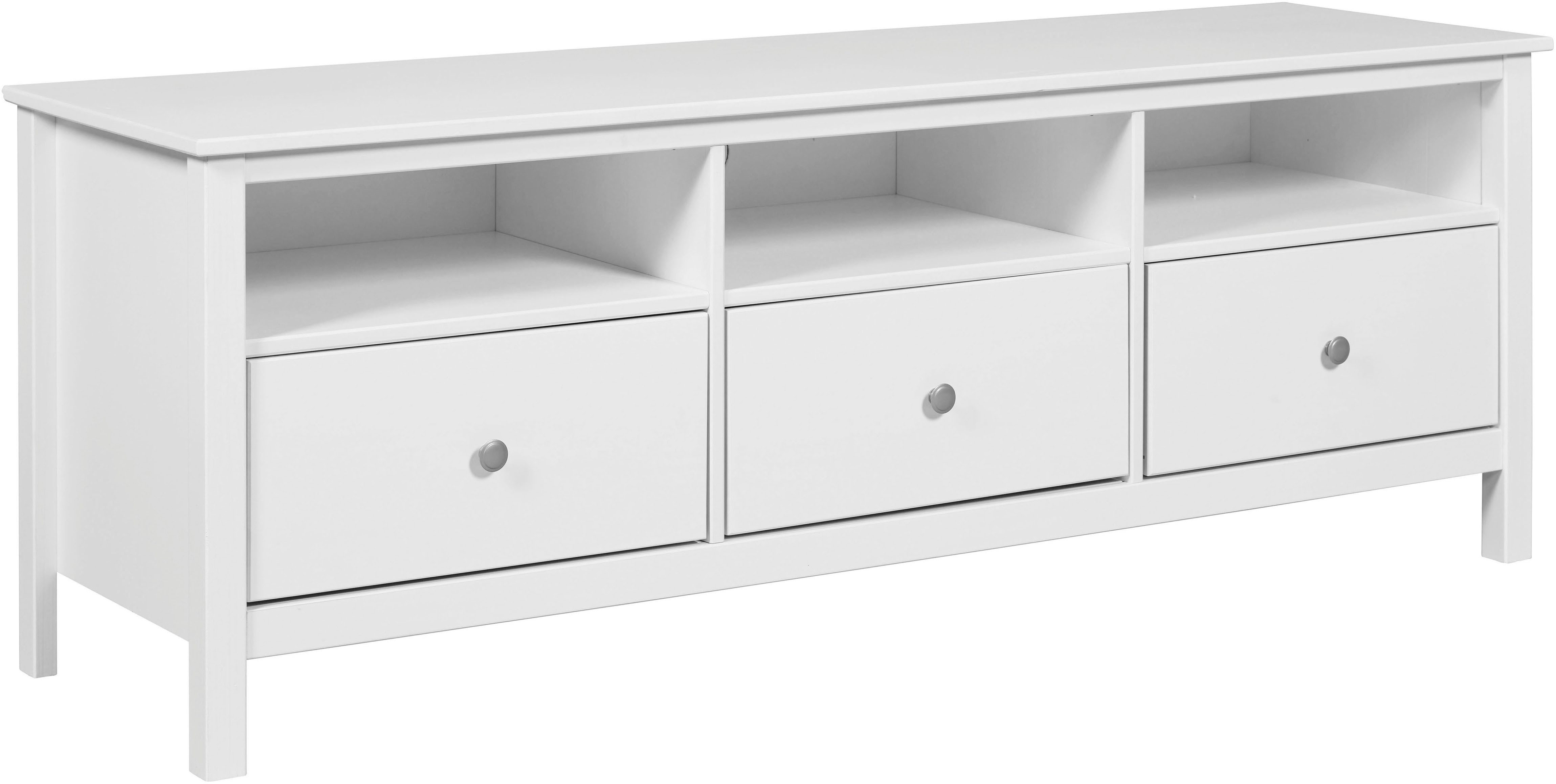 Inter Link TV-Board Pinora, Kiefer Massivholz, Weiss, 160 x 45 x 57 cm, viel Stauraum (1 St), TV Lowboard im modernem Skandi Look, 3 Schubladen, Kabeldurchführung