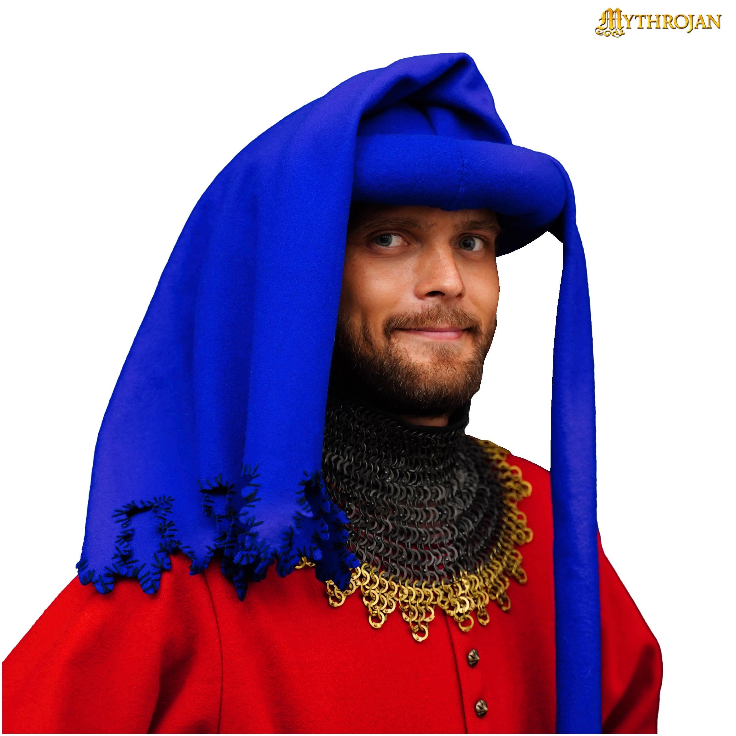 Mythrojan Ritter-Kostüm Spätmittelalterliches Chaperon aus Wolle 15. Jahrhundert Blau S