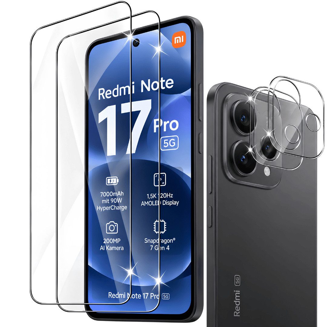 SmartUP Displayschutzglas 2x Schutzglas für Xiaomi Redmi Note 17 Pro 5G Display Kamera Full 9H für Xiaomi Redmi Note 17 Pro 5G, 4 Stück, Rundumschutz, passgenaue Verarbeitung