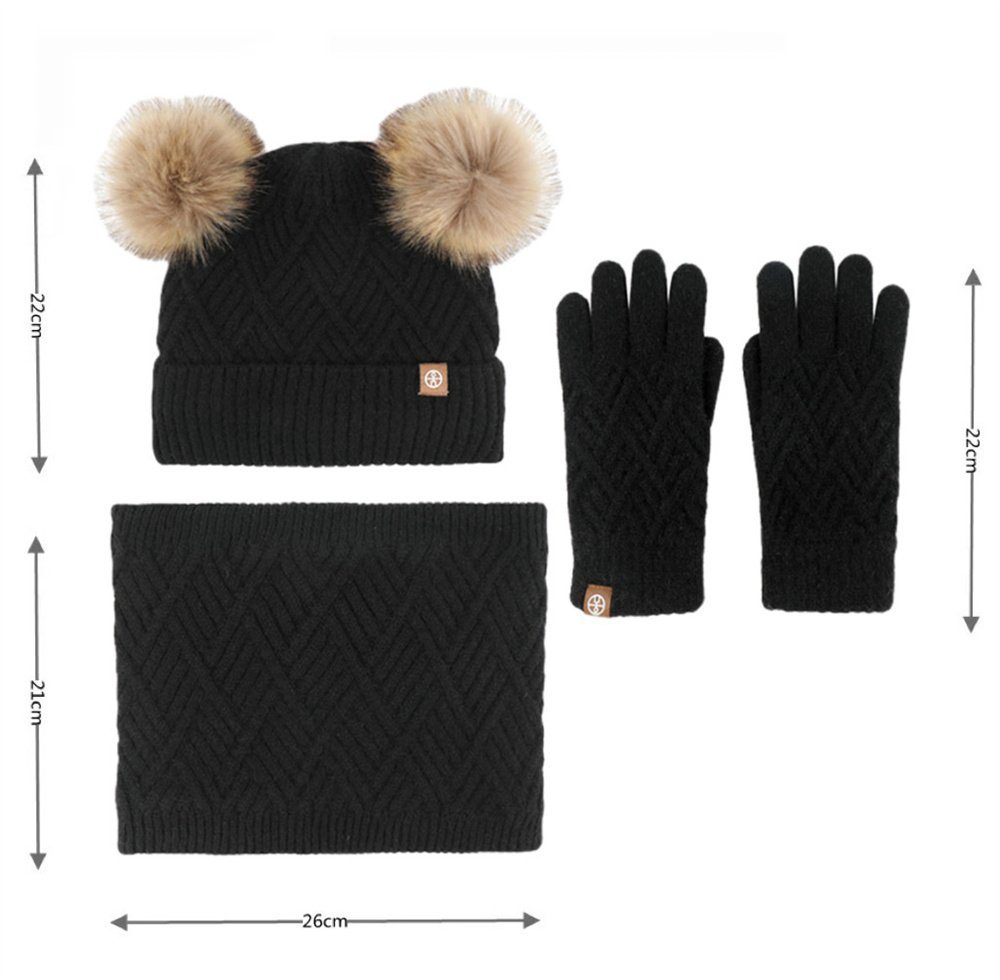 Set (Mütze, LYDMN dreiteiliges Mütze Schal & Handschuhe Handschuhe) und Warmes für Lätzchen, Wintermütze, Schal Kinder schwarz für Kinder