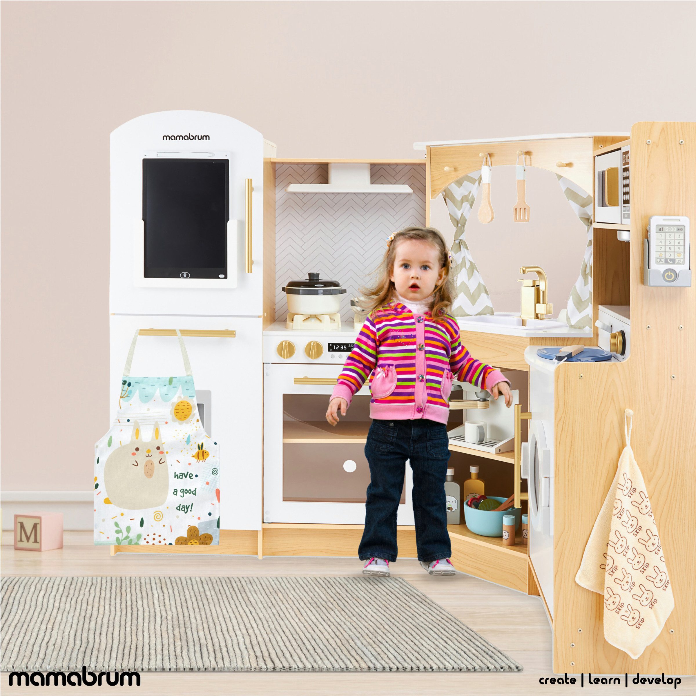 Mamabrum Spielküche Kinderküche 3+, Interaktiver XXXL Spielzeugherd mit LED-Beleuchtung Holz