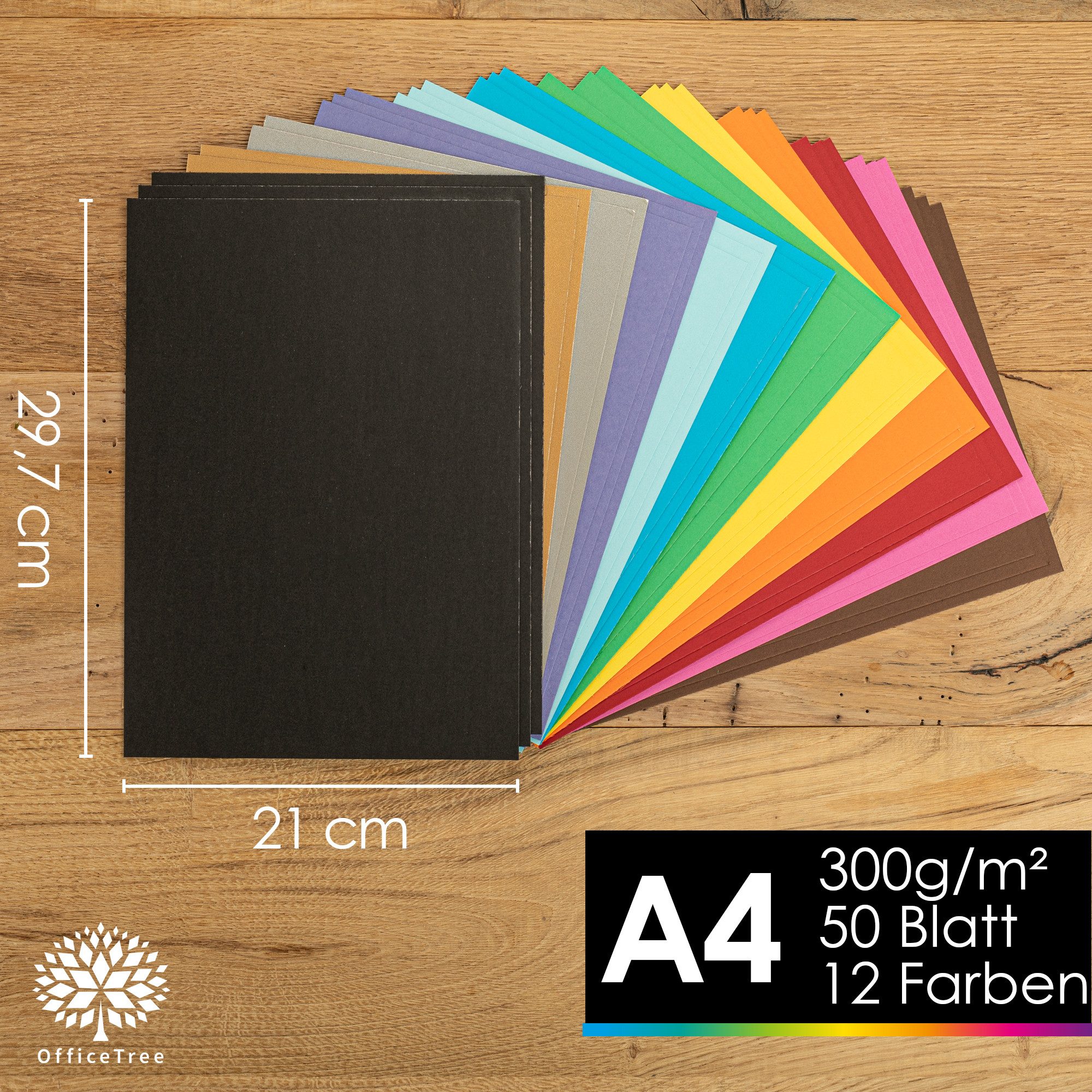 OfficeTree Transparentpapier OfficeTree 50x Tonkarton Bunt A4 300g/m² - 12 Farben - Bastelpapier