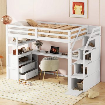 NMonet Hochbett Kinderbett 90x200cm Etagenbett, mit Schreibtisch und Stauraumtreppe, 2 Schubladen