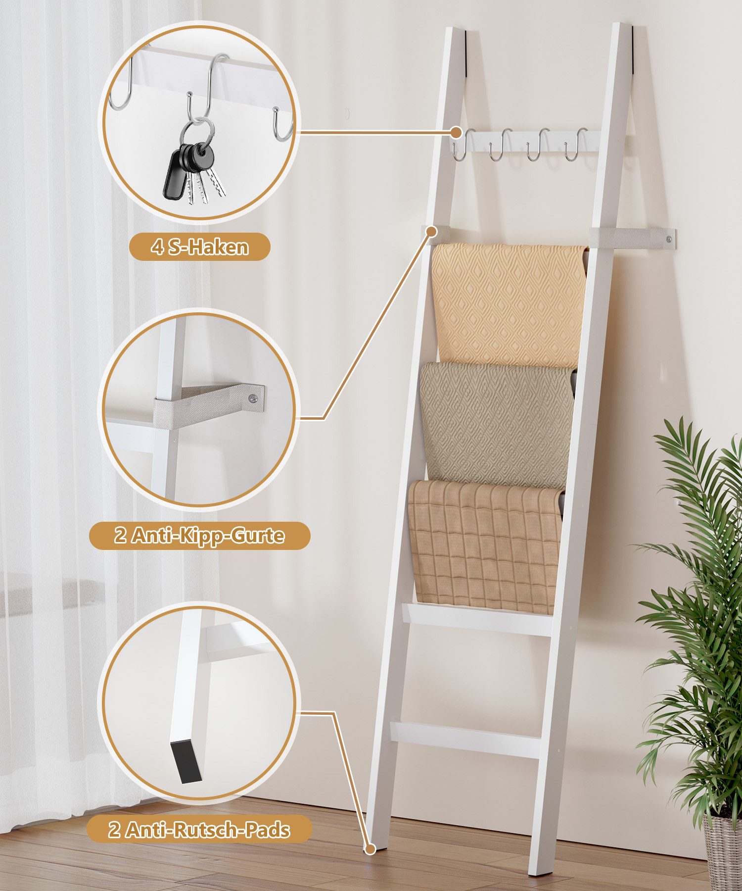 Yorbay Handtuchleiter Handtuchhalter Bambus, 6 Ebenen Leiterregal, 4 Haken und 2 Sicherheitsgurten, 43x170 cm, für Bad, Wohnzimmer – Bild 4 von 5