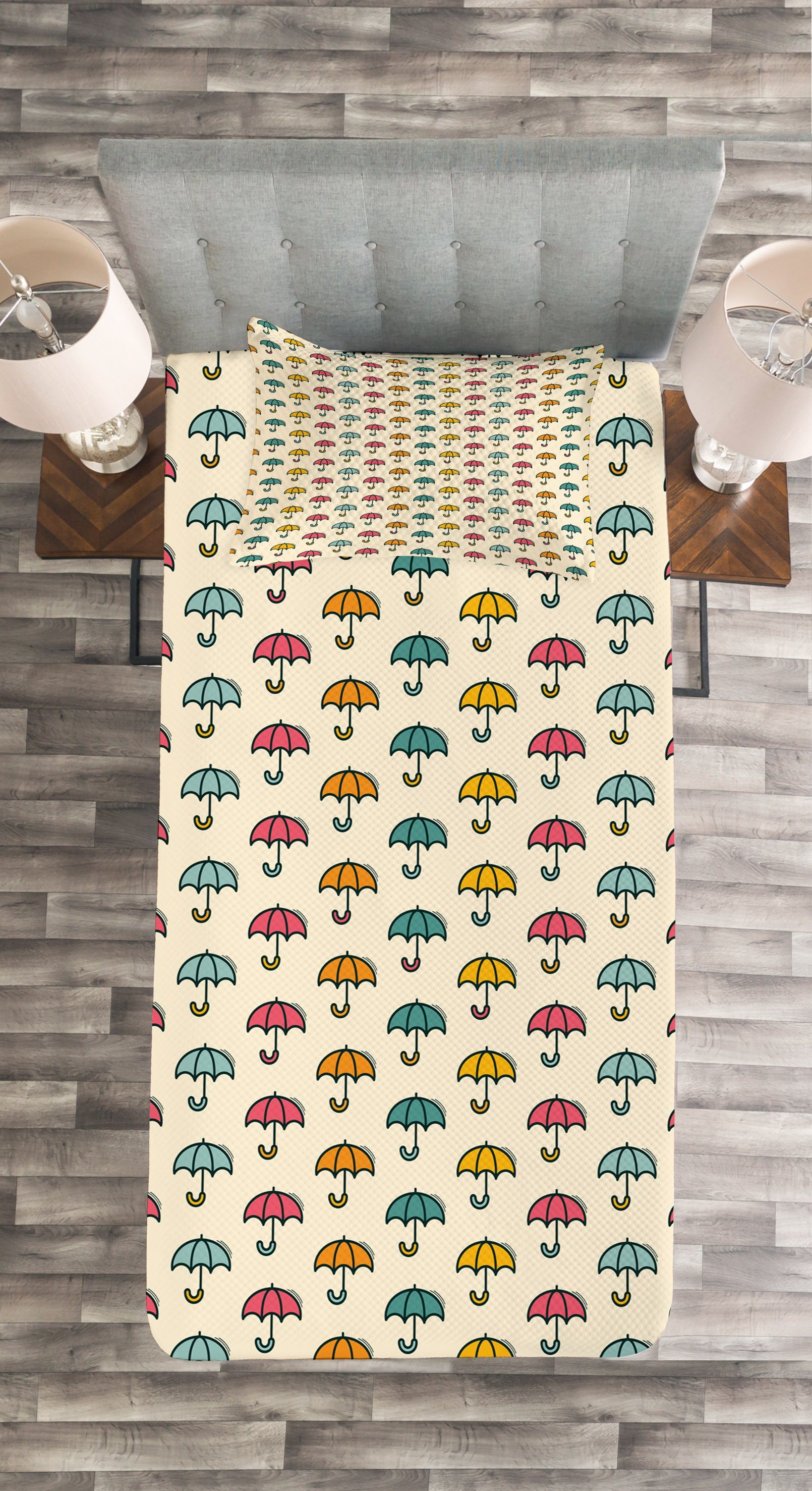 Muster Set Karikatur Tagesdecke mit Sonnenschirme Waschbar, Abakuhaus, Kissenbezügen Regenschirm