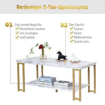 COSTWAY Couchtisch Beistelltisch, Marmor Optik, mit Ablage, 100x49,5x45cm