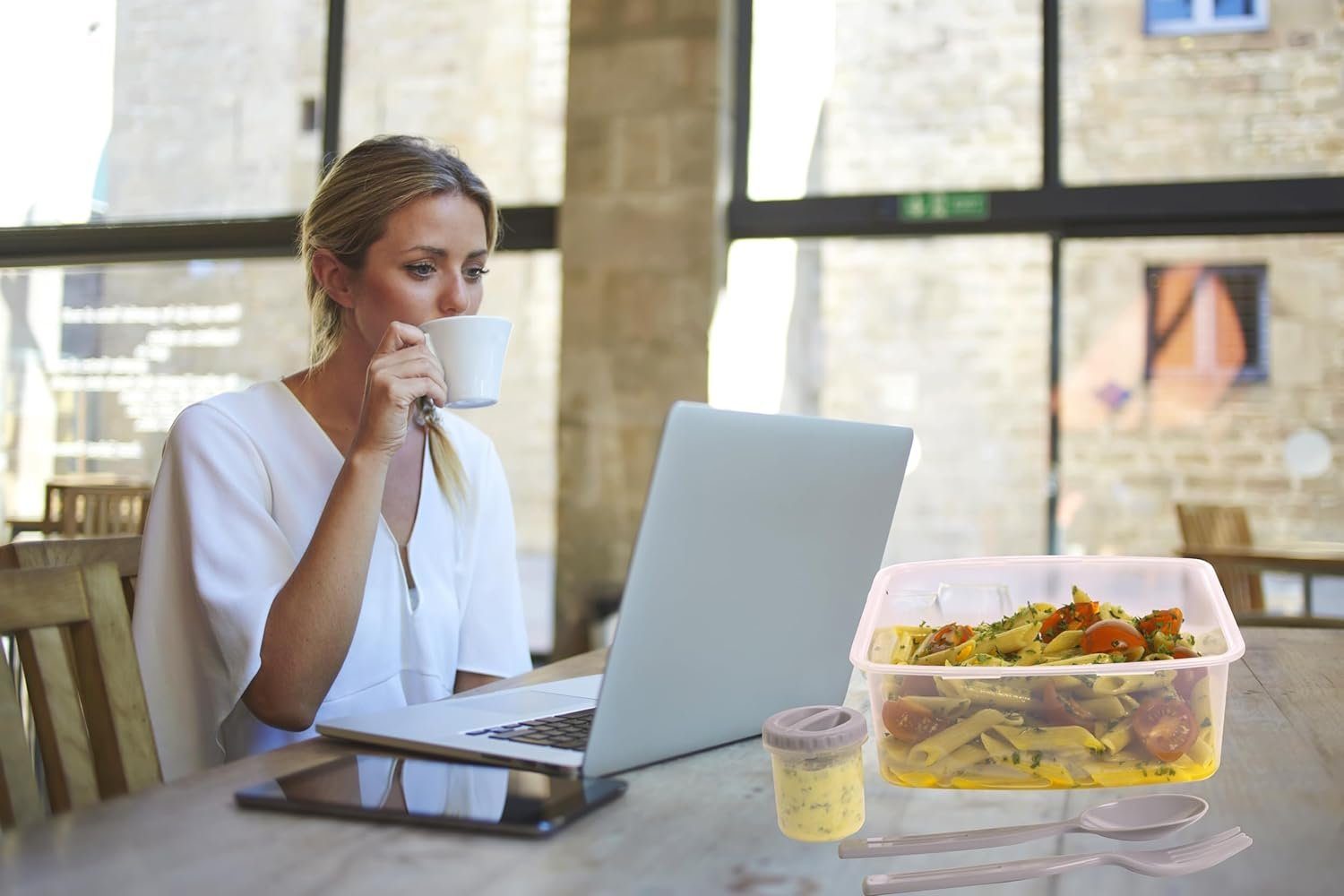 Centi Lunchbox 3er Set mit Besteck und Dressingbehälter, Salatbox to go, Kunststoff, (3-tlg., 9 cm*18.5 cm*18.5 cm), Essensbox mit Click-Verschluss