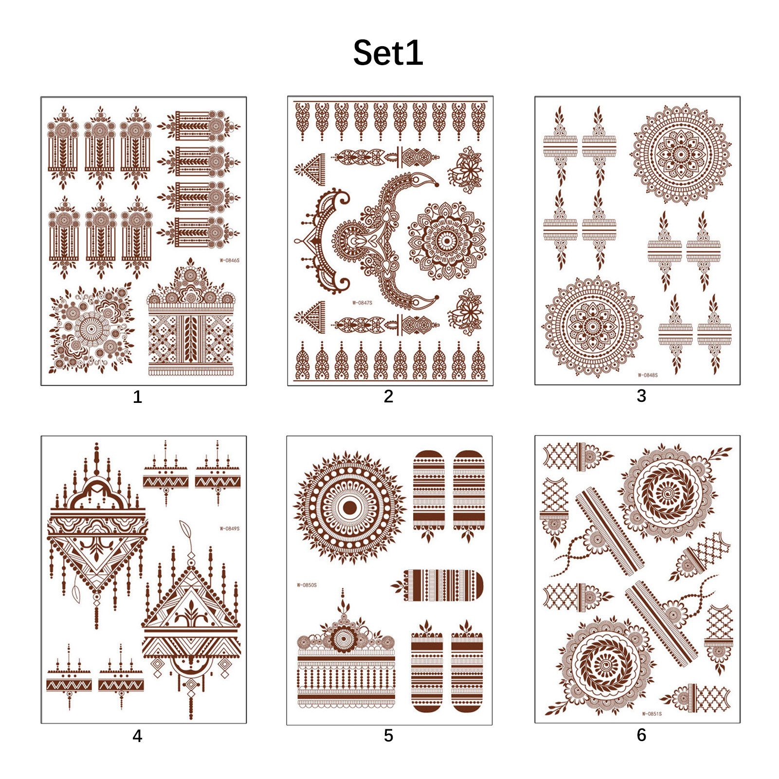 Jumpeak Schmuck-Tattoo Temporäre Tattoos,Henna Tattoo,Tattoos zum Aufkleben,Tattoo Aufkleber, 6-tlg., Temporary Tattoos,Braunrot,Spitze,Wasserfest,Für Erwachsene,6 Stück