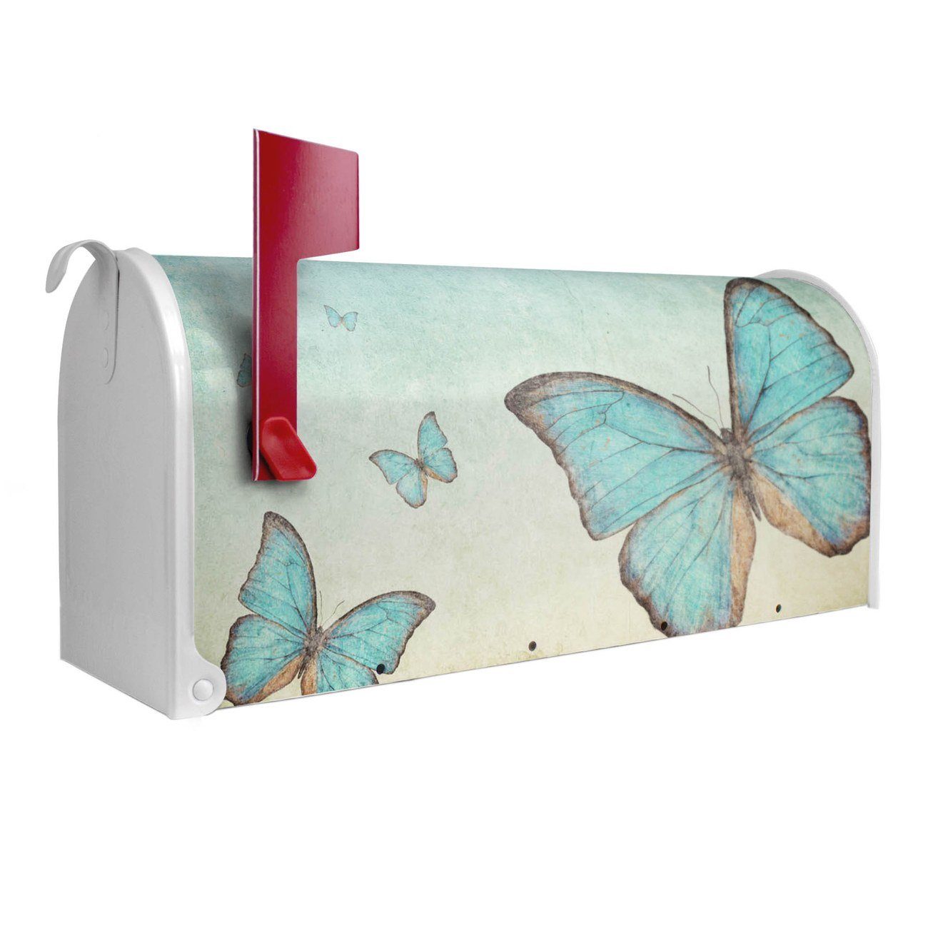 banjado Amerikanischer Briefkasten Mailbox Blaue Schmetterlinge (Amerikanischer Briefkasten, original aus Mississippi USA), 22 x 17 x 51 cm weiß