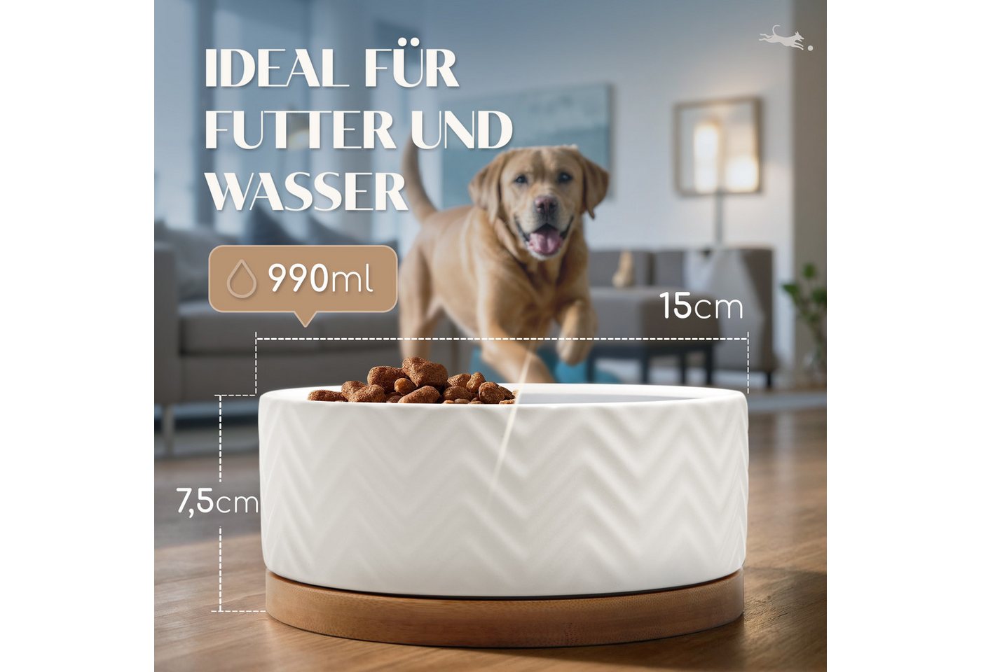 Thumbnail - Freudentier Futternapf Hundenapf aus Keramik mit Bambus-Boden - 990ml Fassungsvermögen, spülmaschinenfest, rutschfest