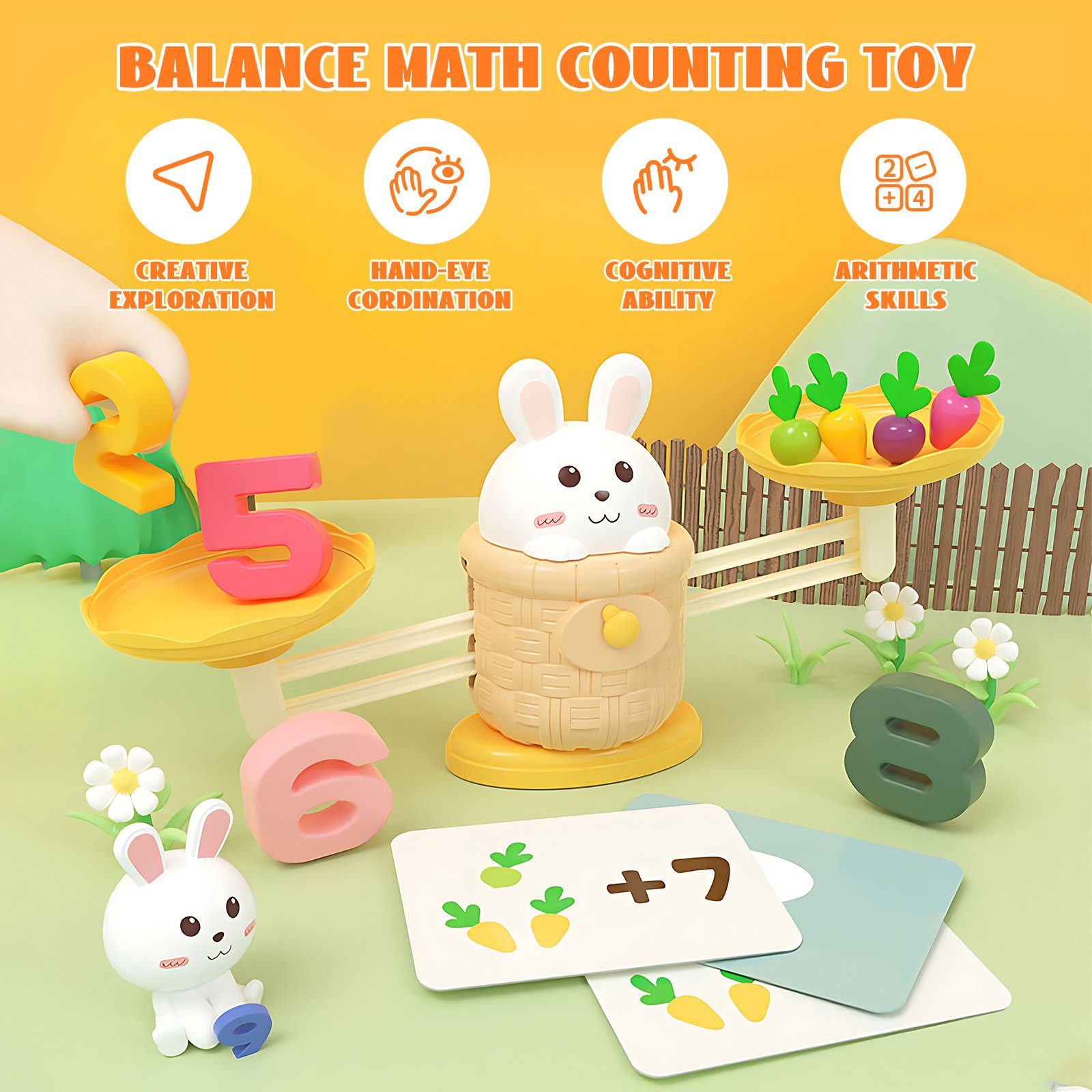 Ealing Lernspielzeug Mathe Waage Montessori Spielzeug (Set, Hase Karotte Steckspiel Zahlenblöcke), Zahlen und Rechnen Lernen für Kinder ab 2 Jahre