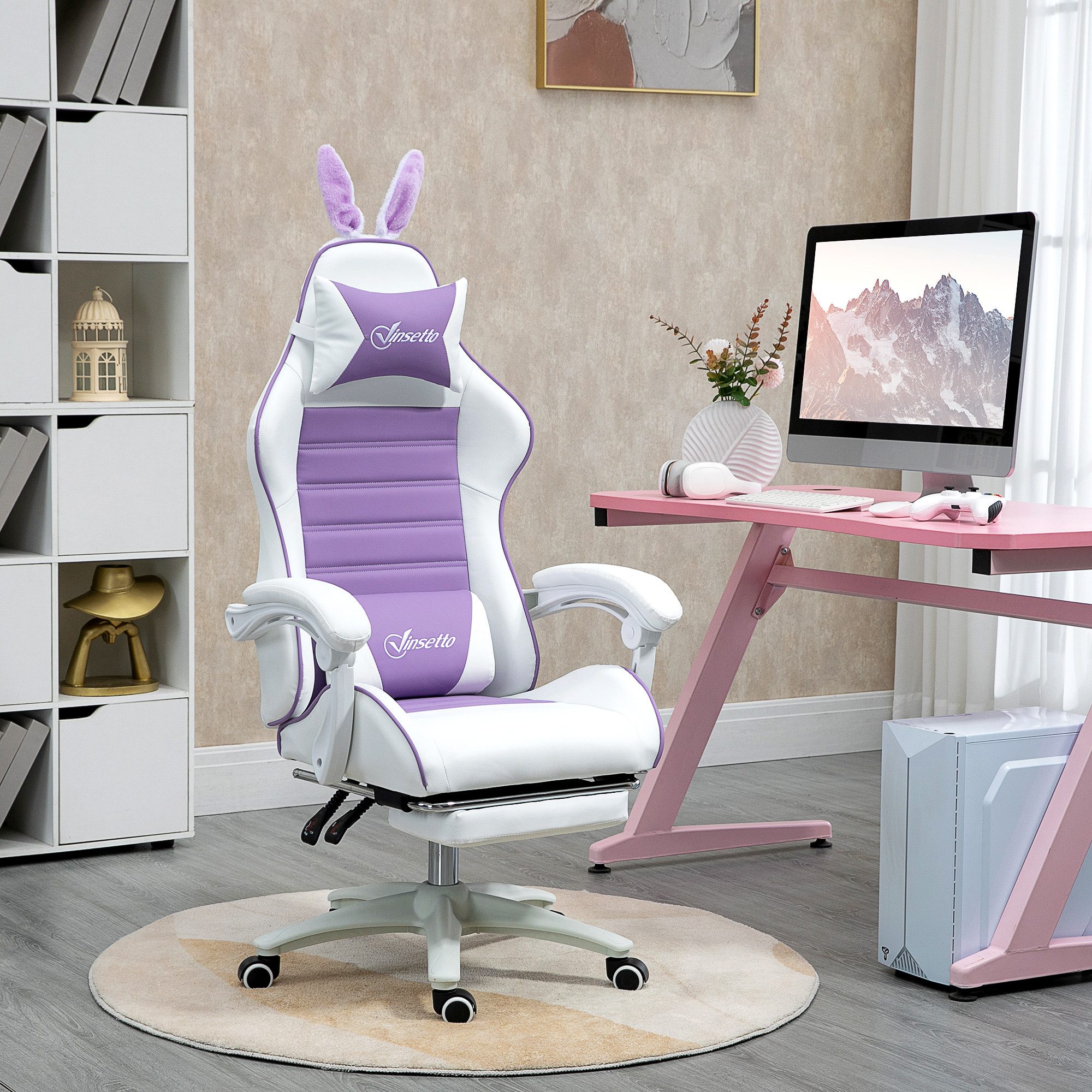Vinsetto Gaming-Stuhl Gamer Stuhl ergonomisch mit Lendenwirbelstütze, Fußstütze (Bürostuhl, 1 St), PC-Sessel mit verstellbar Liegefunktion, 65 x 63 x 136-142 cm, Violett
