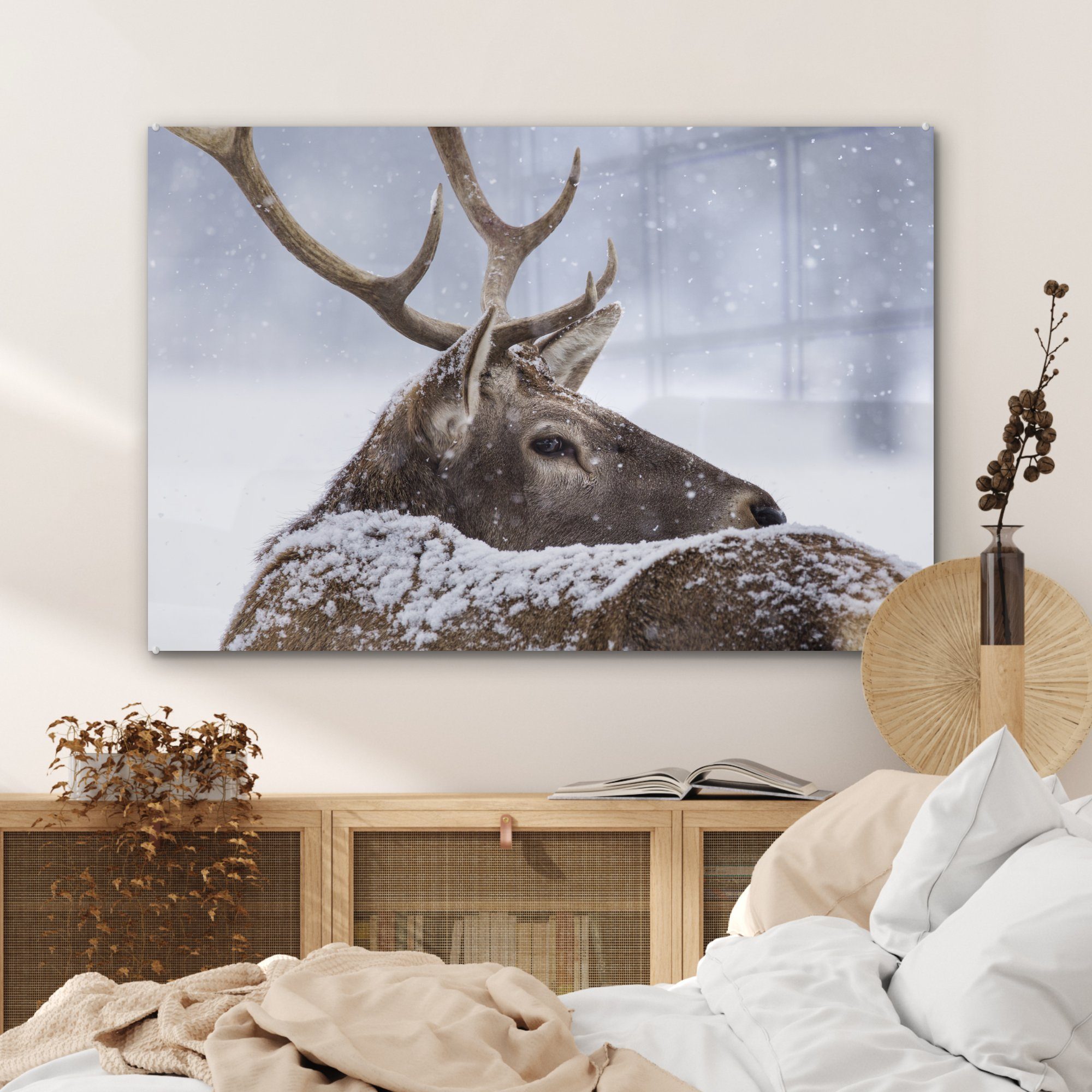 - Wohnzimmer St), - Acrylglasbild & Winter, Acrylglasbilder MuchoWow Schlafzimmer (1 Schnee Hirsche Geweihe -