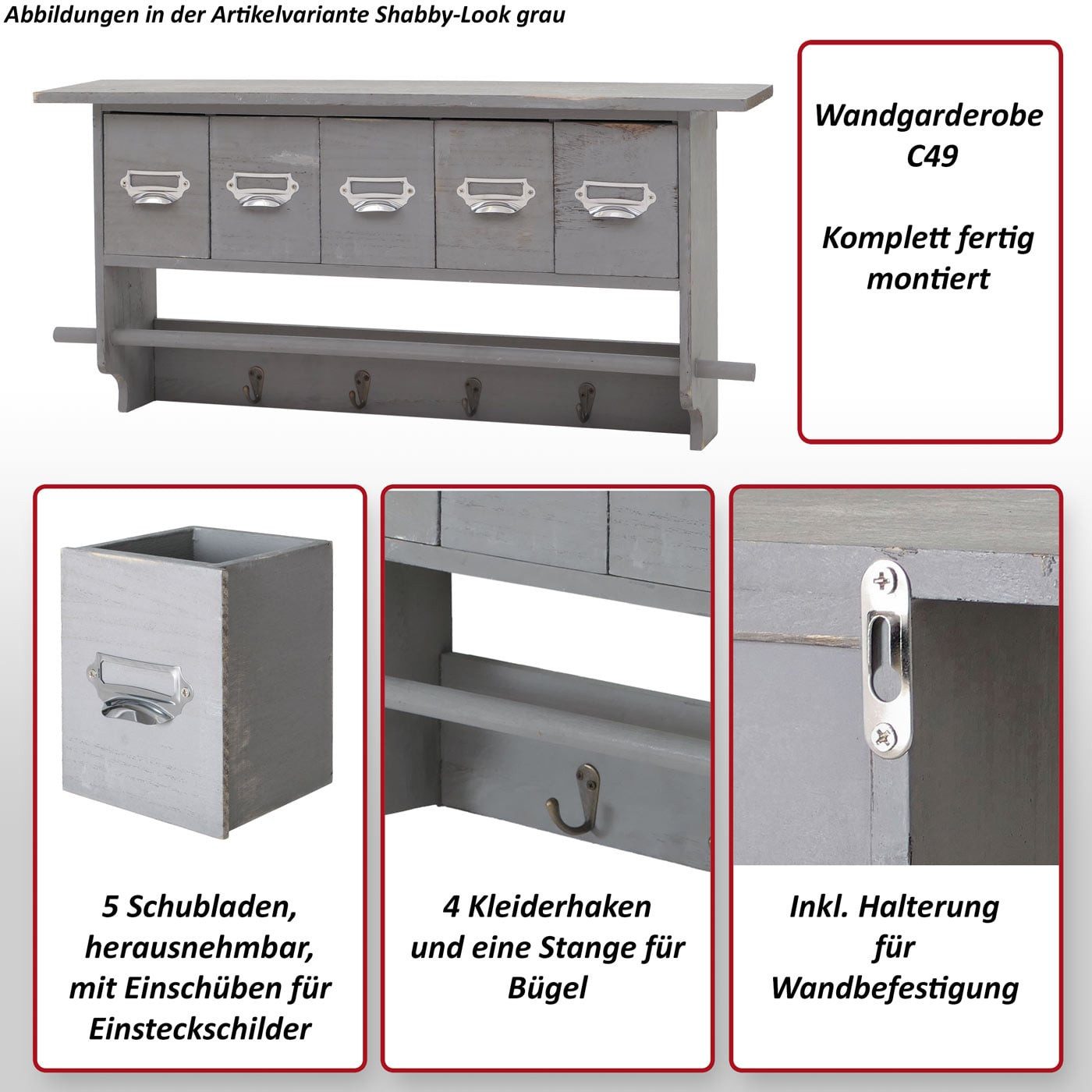 MCW Garderobe MCW-C49-G, 4 Haken, 5 Schubladen mit Einschüben für Einsteckschilder