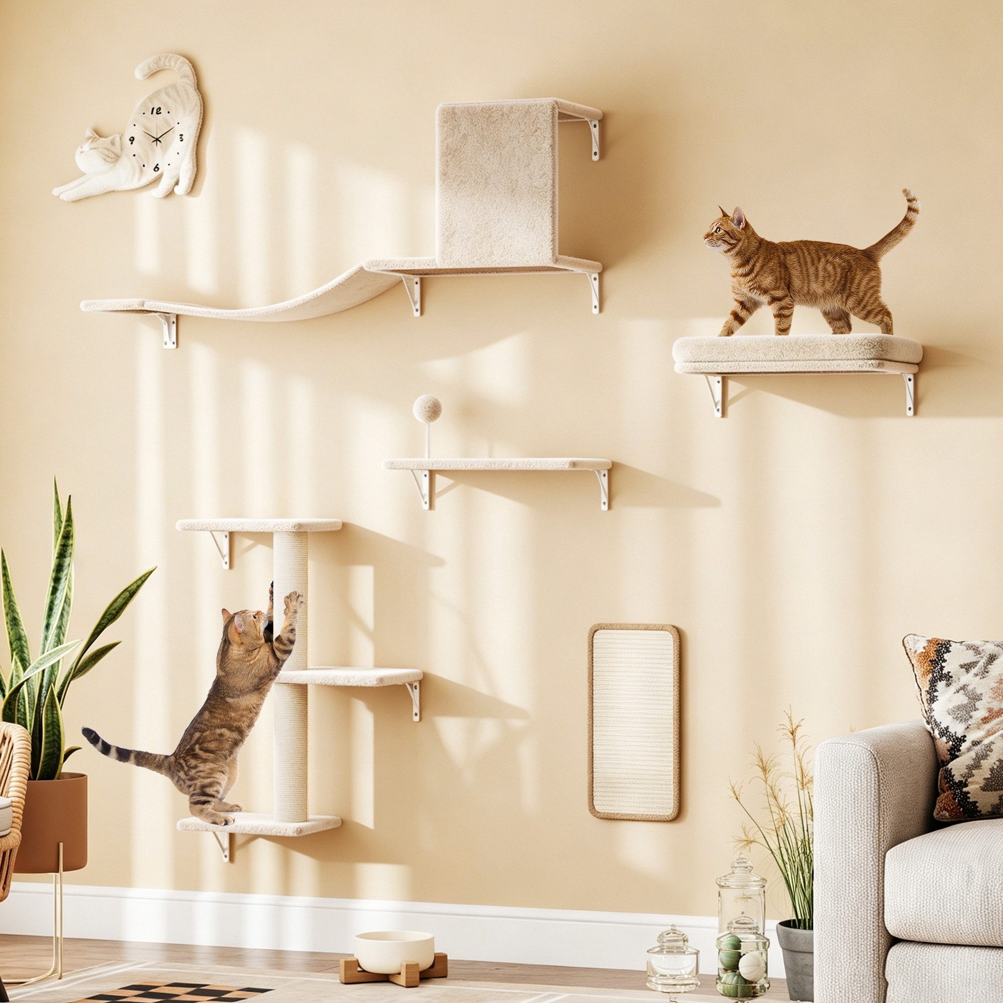 FURPAL Katzen-Kletterwand Katzen Kletterwand Set 5-teilig – Wandmontierte Katzenwand, mit Katzenhaus, Katzenbrücke, Kratzsäule & Kratzbrett, beige