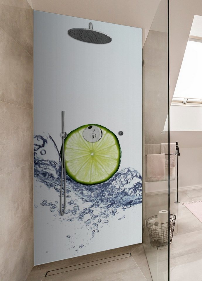 Thumbnail - Wallario Duschrückwand Limettenscheibe in spritzigem Wasser, (1-tlg)