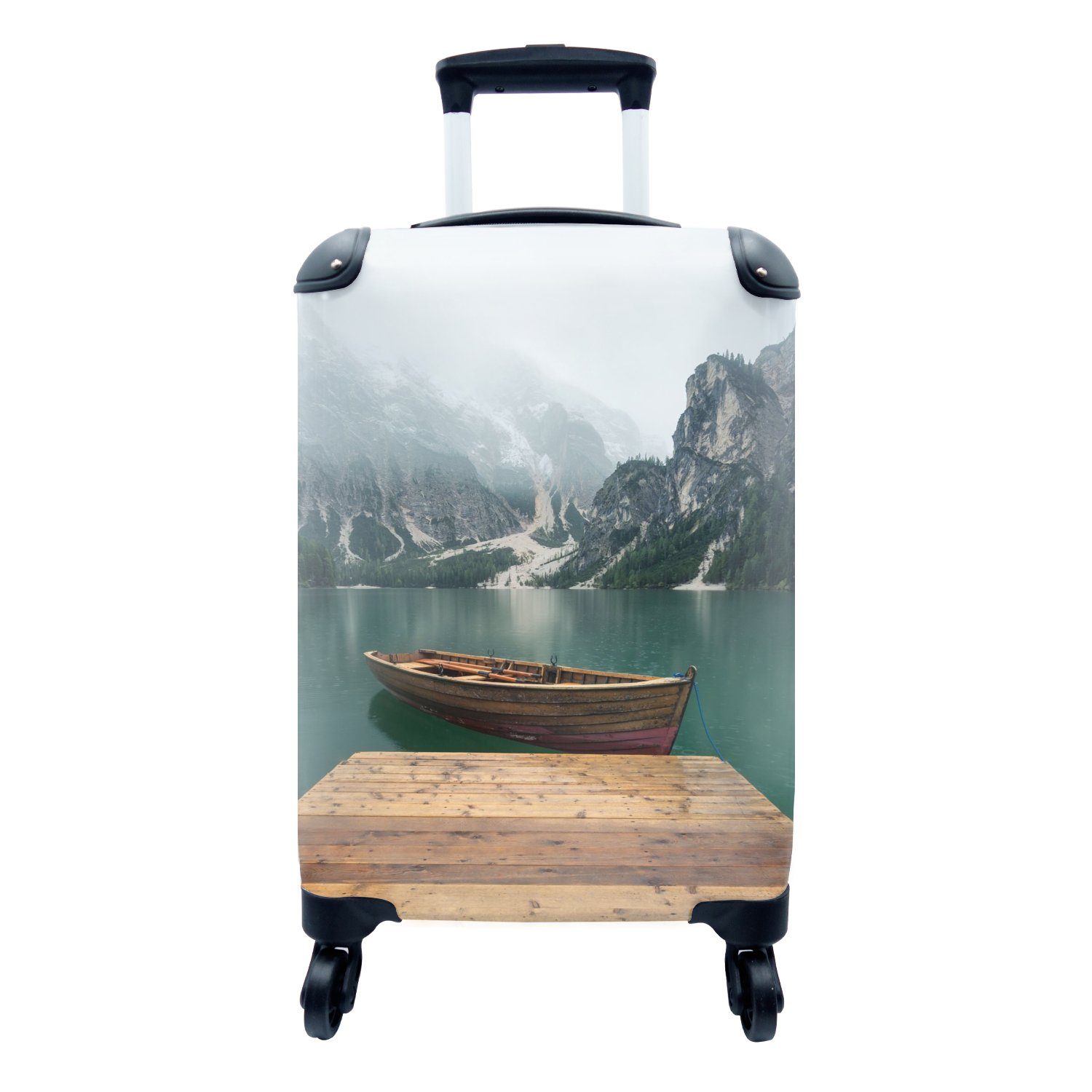 MuchoWow Handgepäckkoffer Nebel - Schnee - Berg - Boot, 4 Rollen, Reisetasche mit rollen, Handgepäck für Ferien, Trolley, Reisekoffer