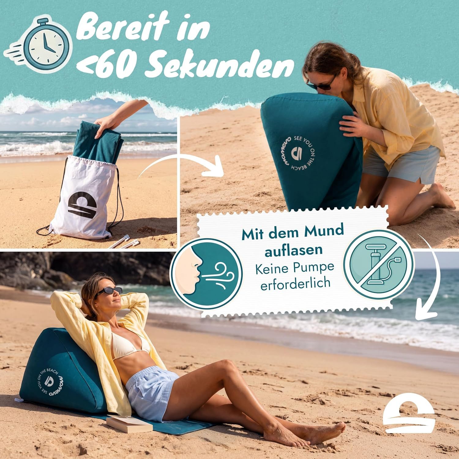 Momevo Multifunktionsliege Airlounge aufblasbare Strandlehne Petrolblau, 2 Positionen, bis 150 kg – Bild 2 von 5