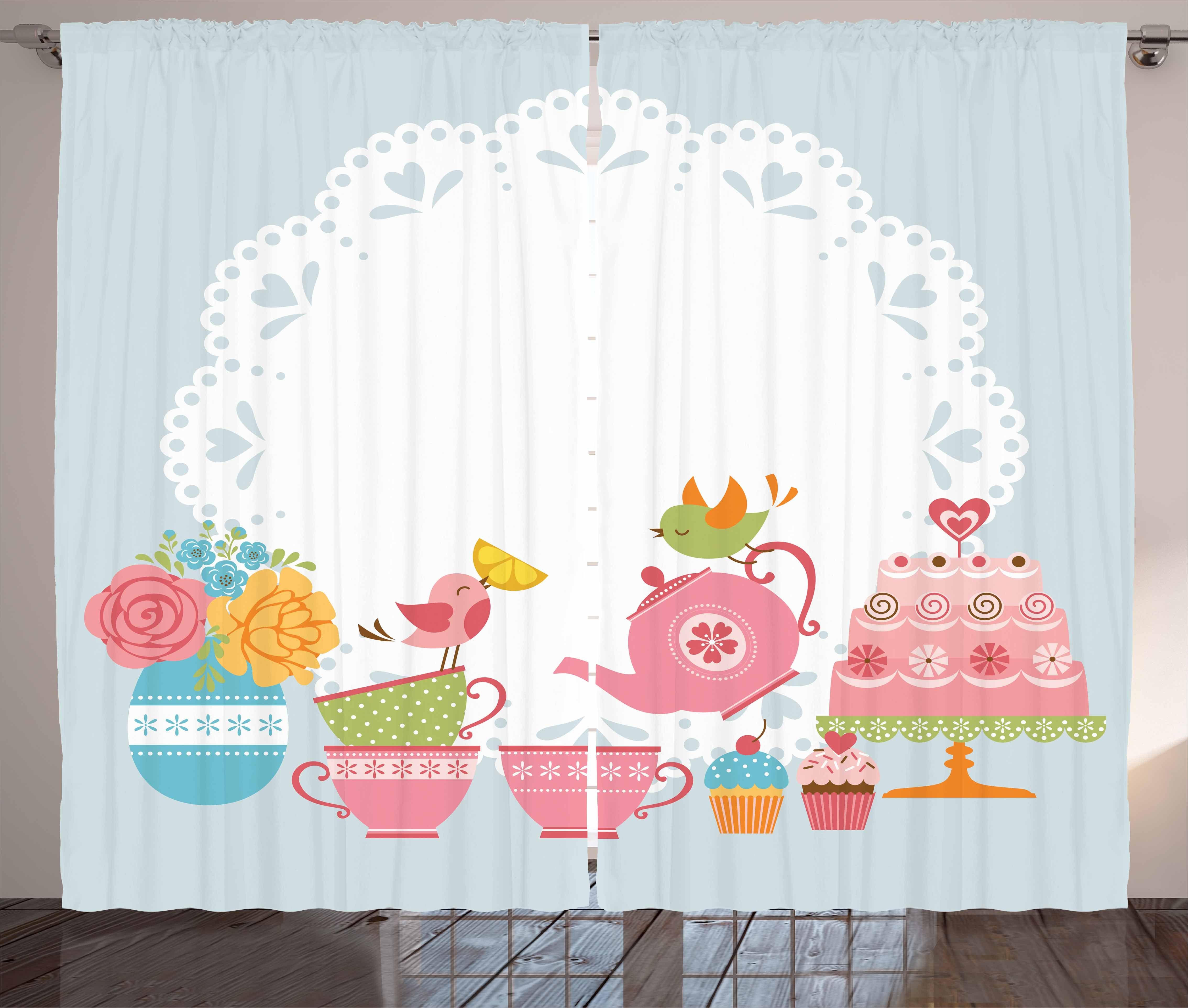 Gardine Schlafzimmer Kräuselband Vorhang mit Schlaufen und Haken, Abakuhaus, Tee-Party Vögel Trinken Tee