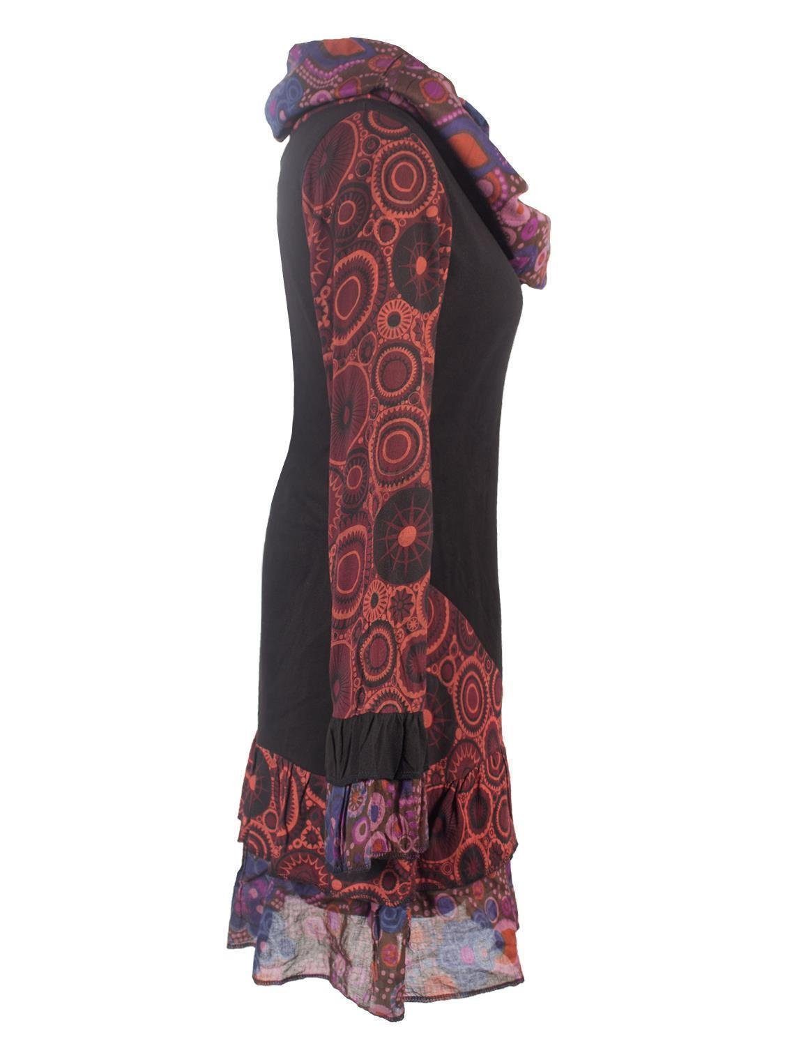 Vishes Midikleid Langarm Mandala Rüschen-Kleid mit Kapuzenschal Elfen, Boho, Goa Hippie Style – Bild 3 von 4