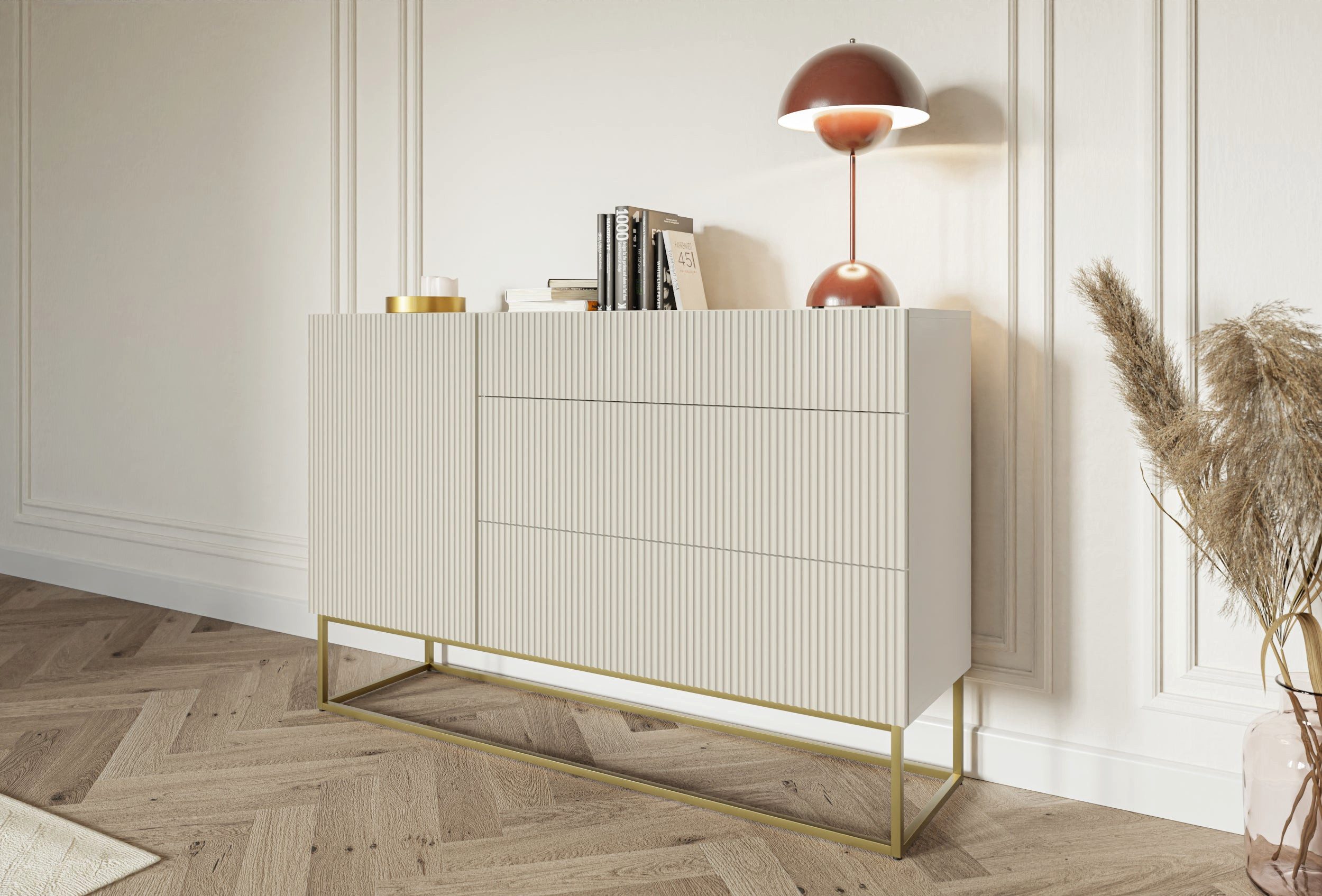 Selsey Sideboard VELDIO, 1-türig mit 3 Schubladen, greige mit Gestell in Gold, 140 cm