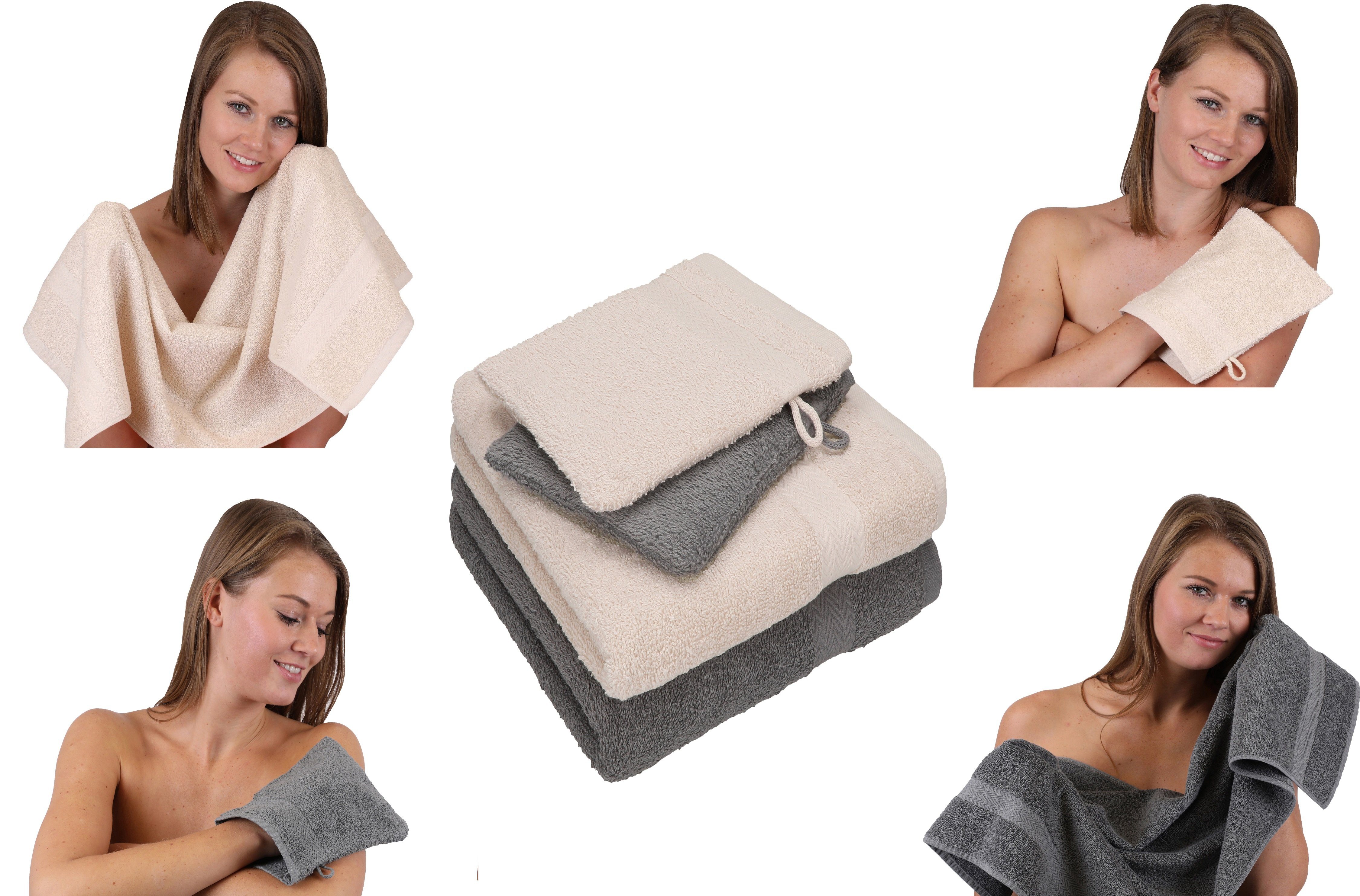 Betz Handtuch Set Handtuch 4 TLG. 100% Baumwolle Set grau 100% anthrazit Waschhandschuhe, - 2 Baumwolle 2 Handtücher Happy sand Pack