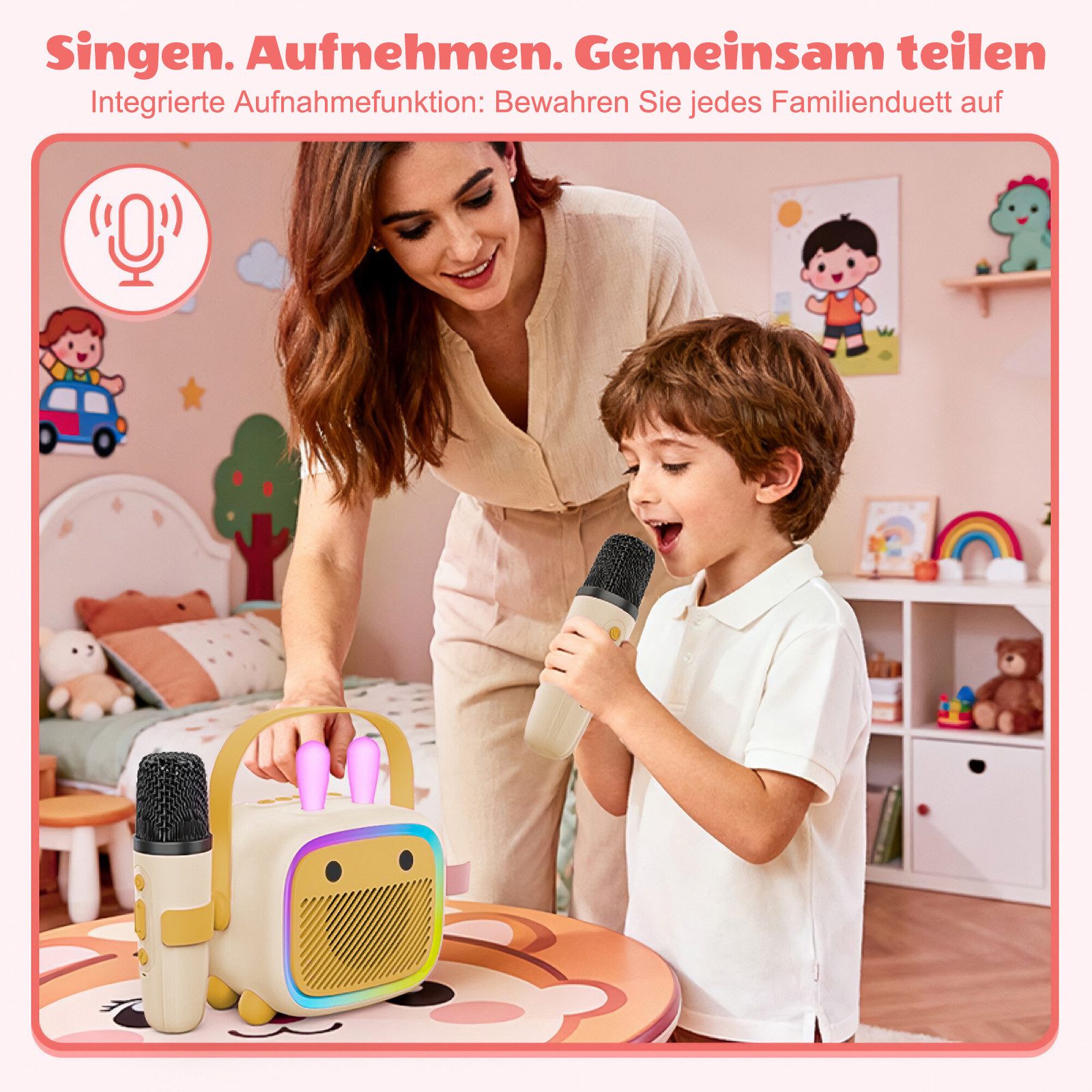 BBG Karaoke-Set für Kinder mit kabellosem Mikrofon & lustigem Design Karaoke-Maschine (5 W, Tragbarer Bluetooth-Lautsprecher mit Lichtshow und Stimmverzerrer)