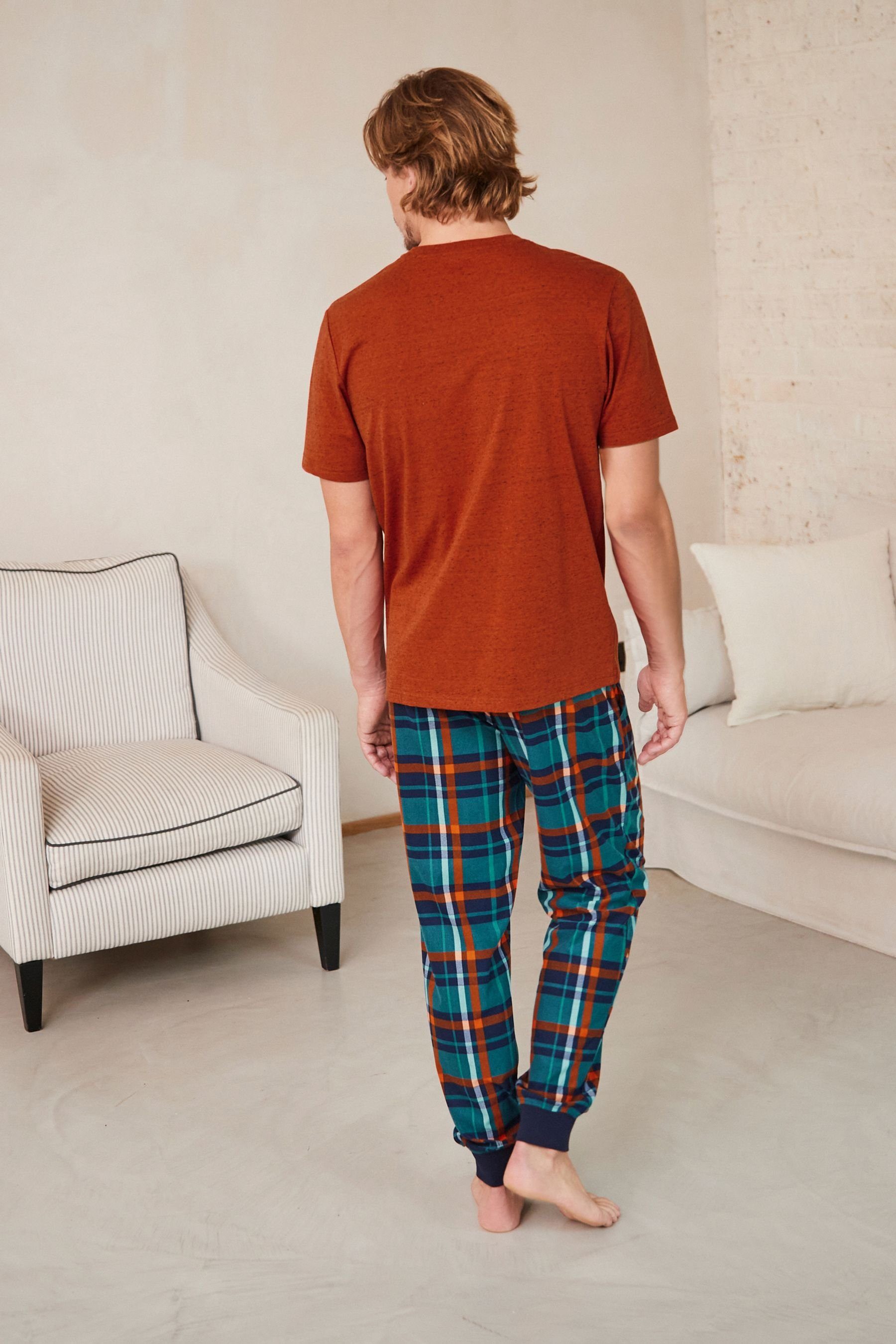 Check mit (2 Kuscheliger Schlafanzug Next tlg) Pyjama Orange/Green MotionFlex Bündchen