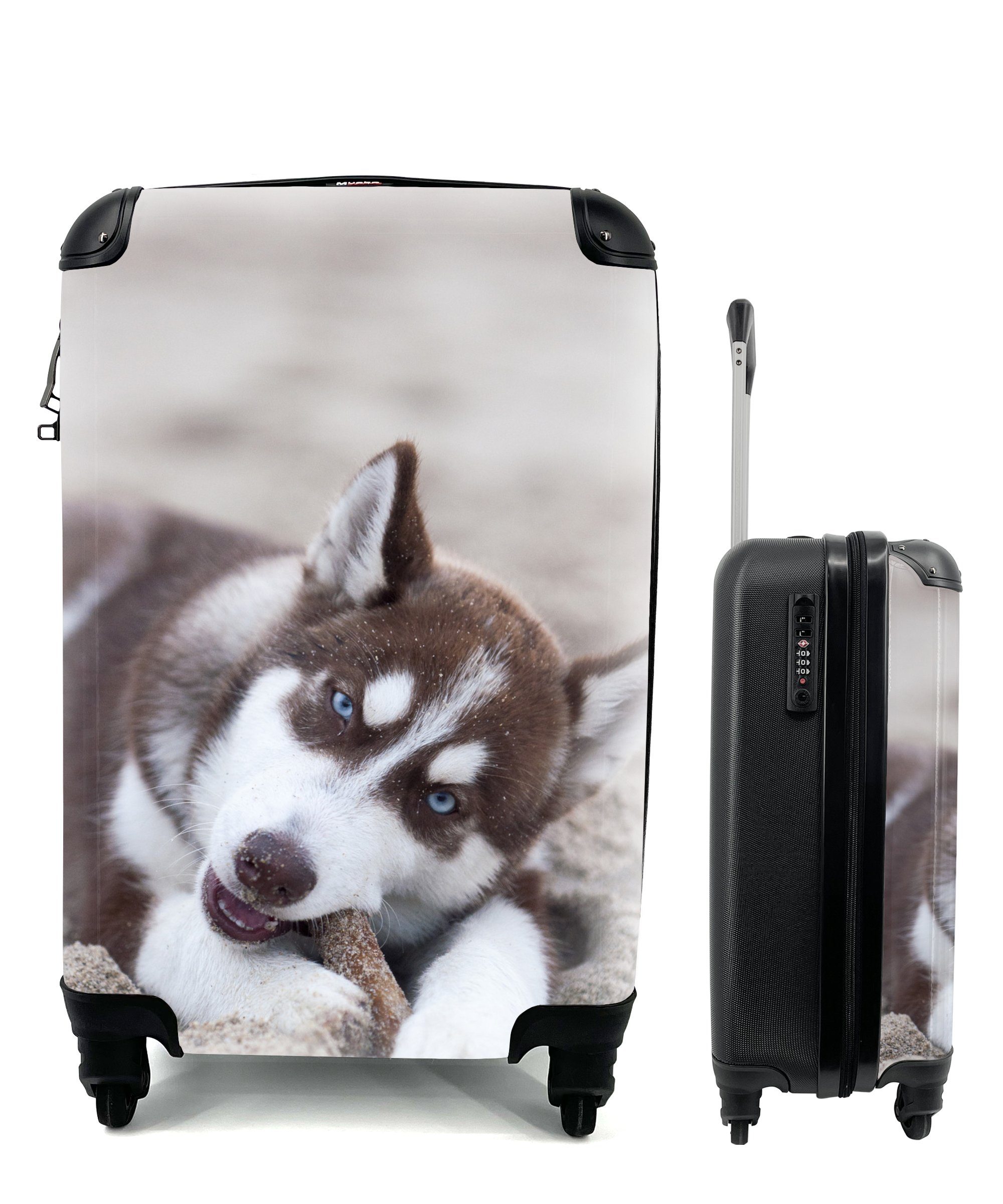 MuchoWow Handgepäckkoffer für Ferien, 4 Rollen, Trolley, Husky-Welpe rollen, am Reisekoffer Reisetasche mit Handgepäck Strand