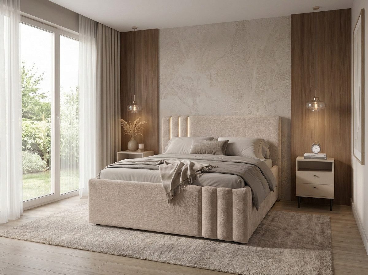 Home affaire Polsterbett AESSIA in 2 Breiten- 160 und 180 cm, mit/ohne Bettkasten, Chenille (2 Varianten- mit/ohne Beleuchtung, Liegehöhe 2-fach verstellbar), Stauraumbett, gepolstertes Kopfteil, ohne Matratze, modernes Design