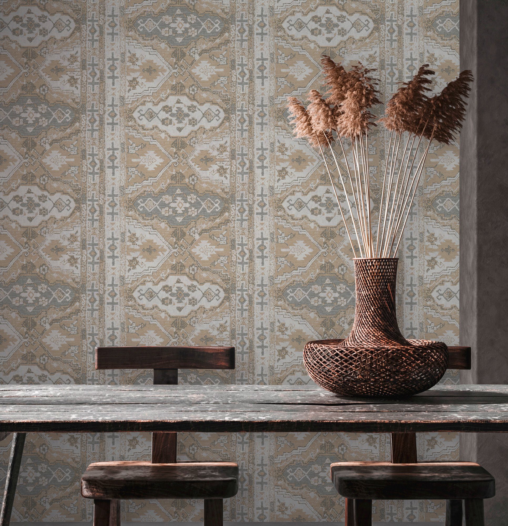 Bricoflor Boho Tapete Beige Weiß Teppich Vliestapete Im Ethno Chic für Schl günstig online kaufen