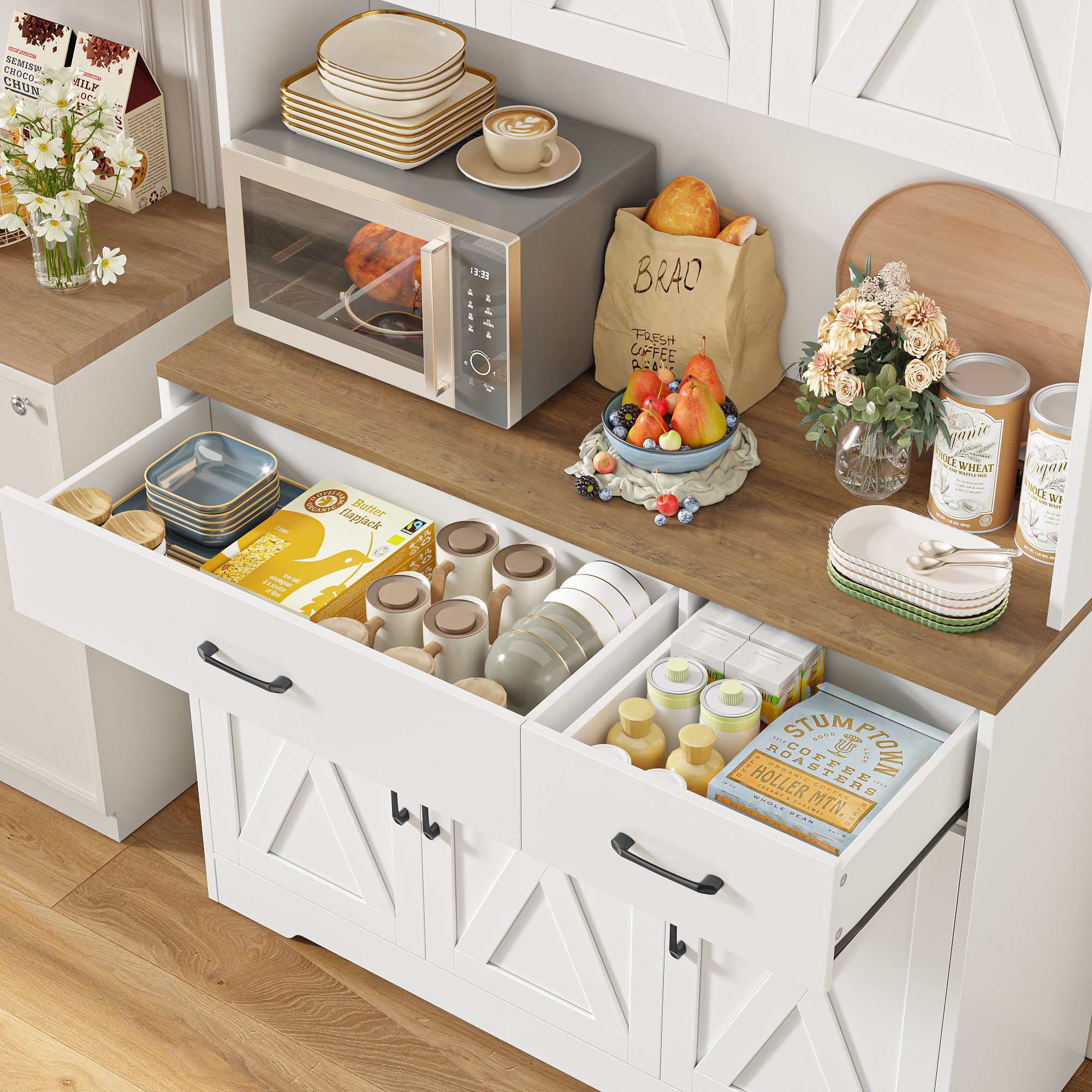 HOMECHO Küchenbuffet Weiß Küchenschrank mit Steckdosen, 6 Türen, 2 Schubladen, 180x105x38cm